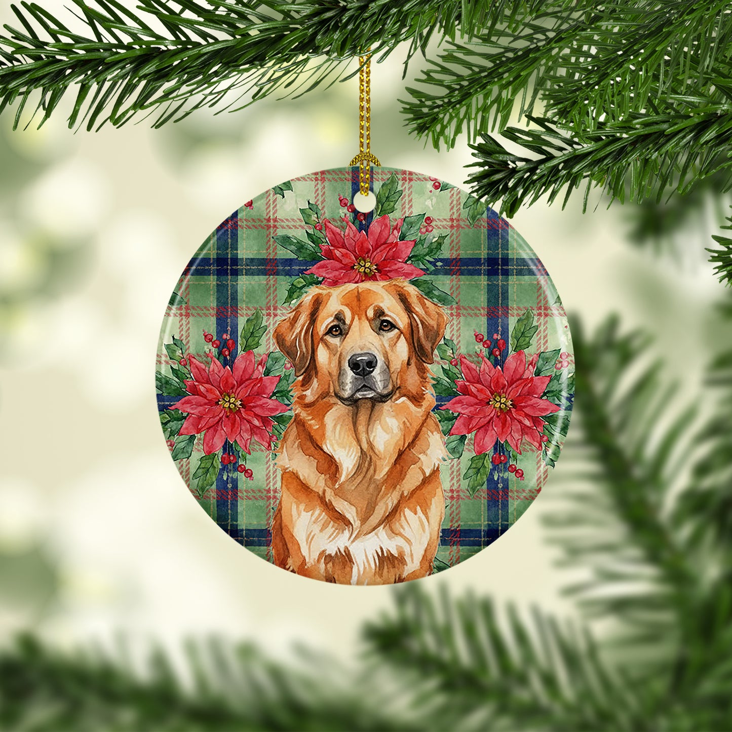 Red Leonberger Christmas PoinsettIas Ceramic Ornament
