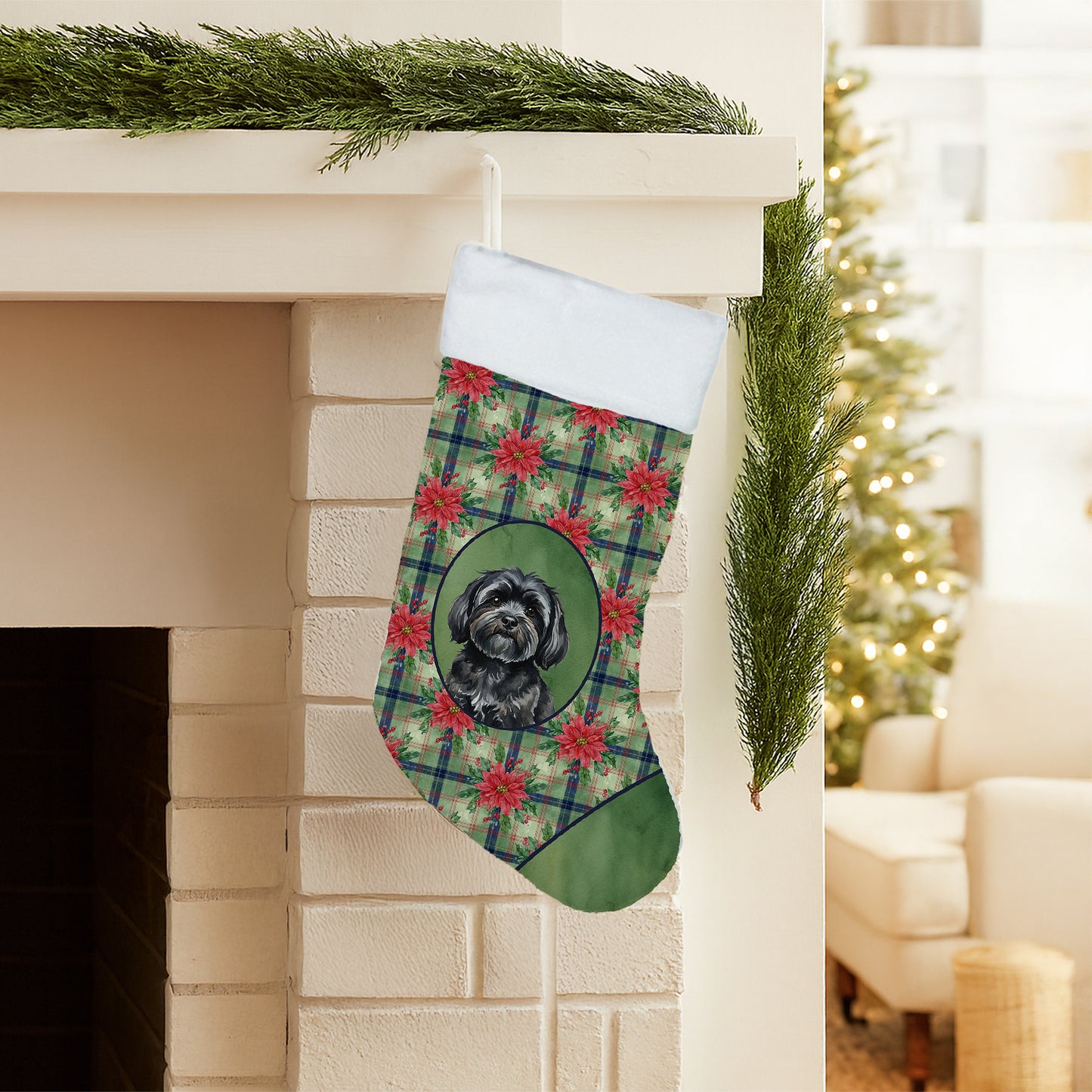Black Lhasa Apso Christmas PoinsettIas Holiday Stocking