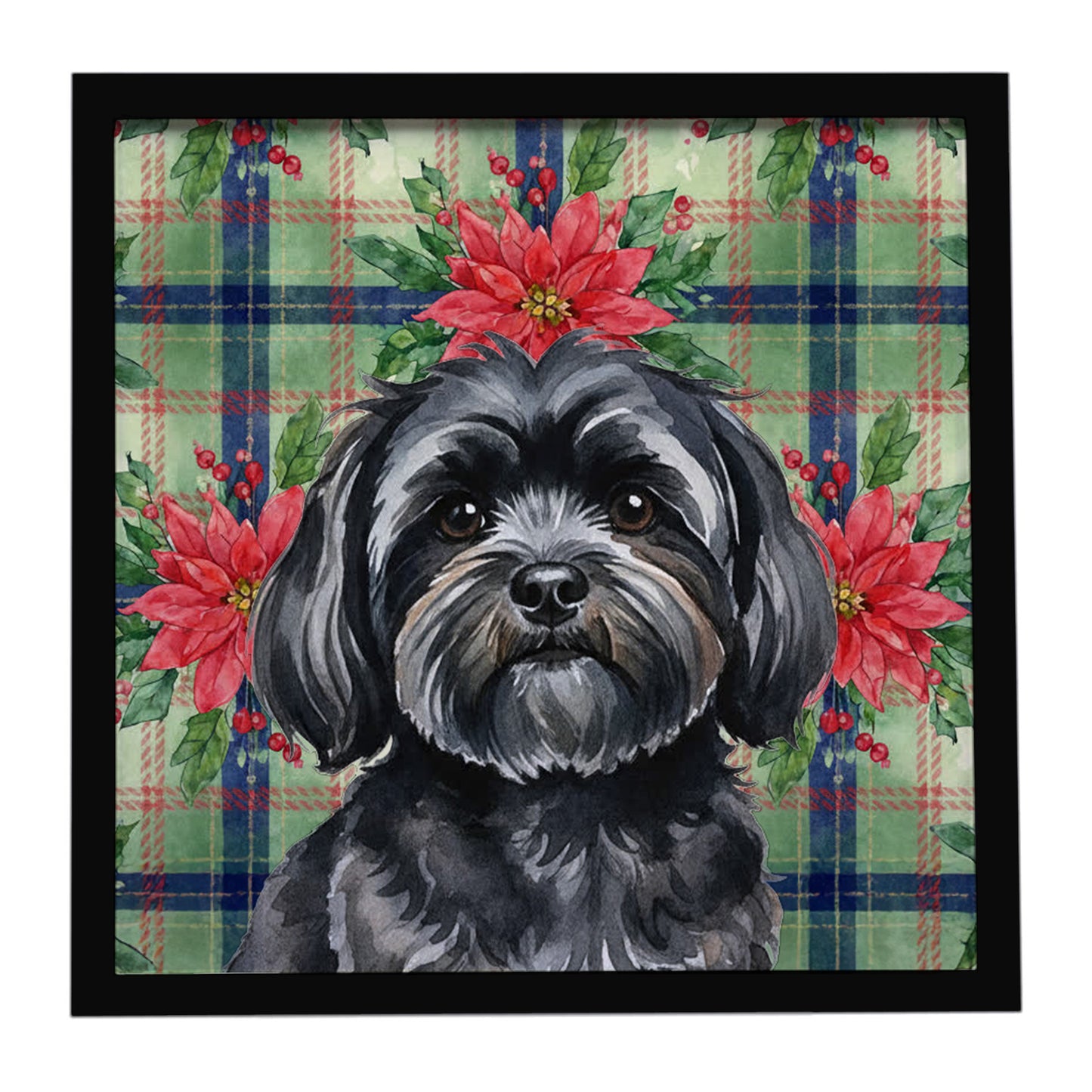 Buy this Black Lhasa Apso Christmas PoinsettIas Framed Metal Print
