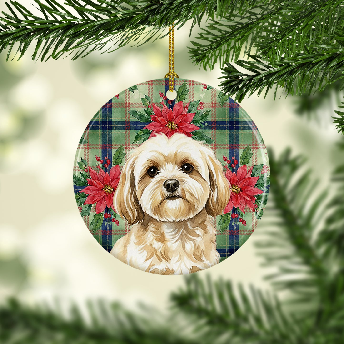 Cream Lhasa Apso Christmas PoinsettIas Ceramic Ornament