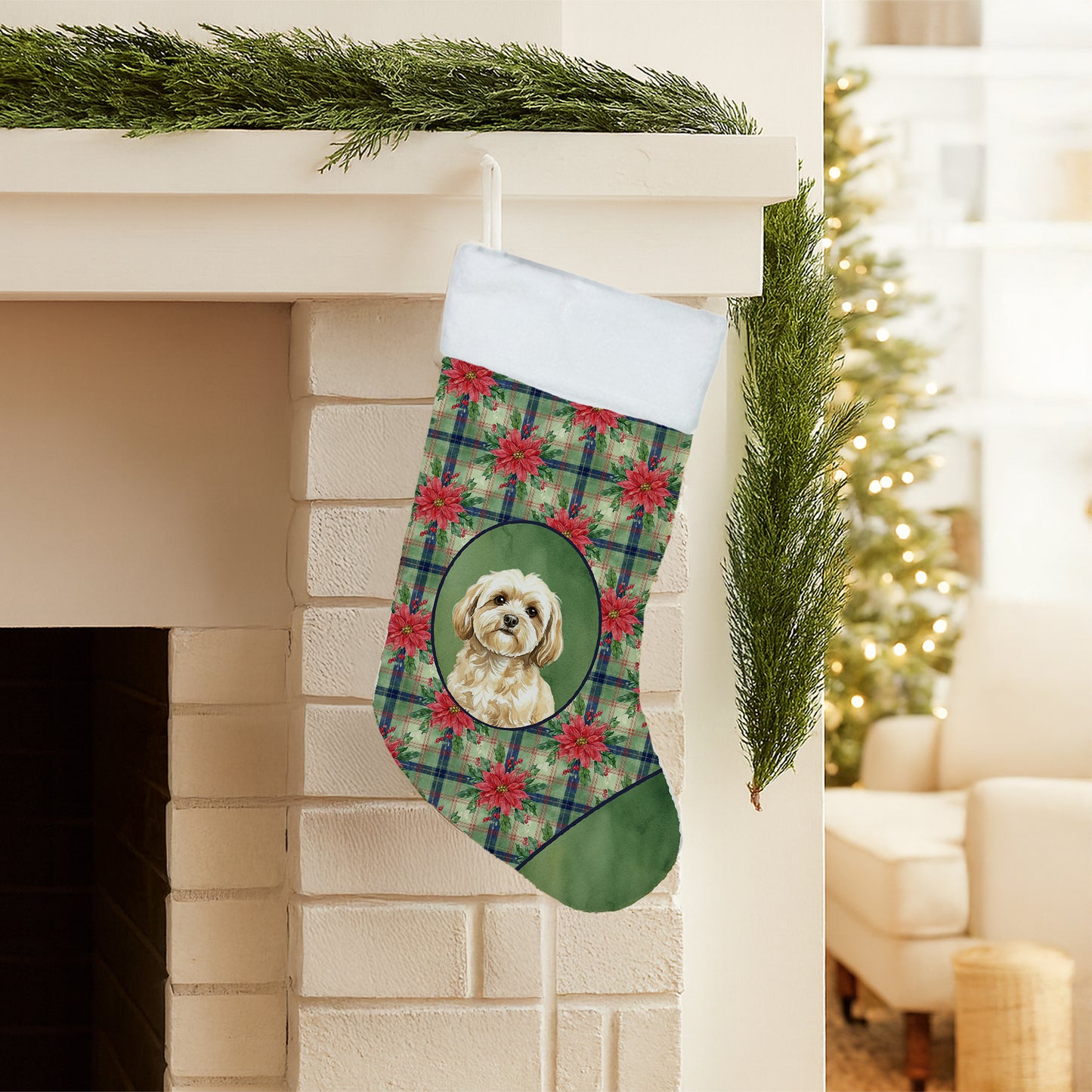 Cream Lhasa Apso Christmas PoinsettIas Holiday Stocking