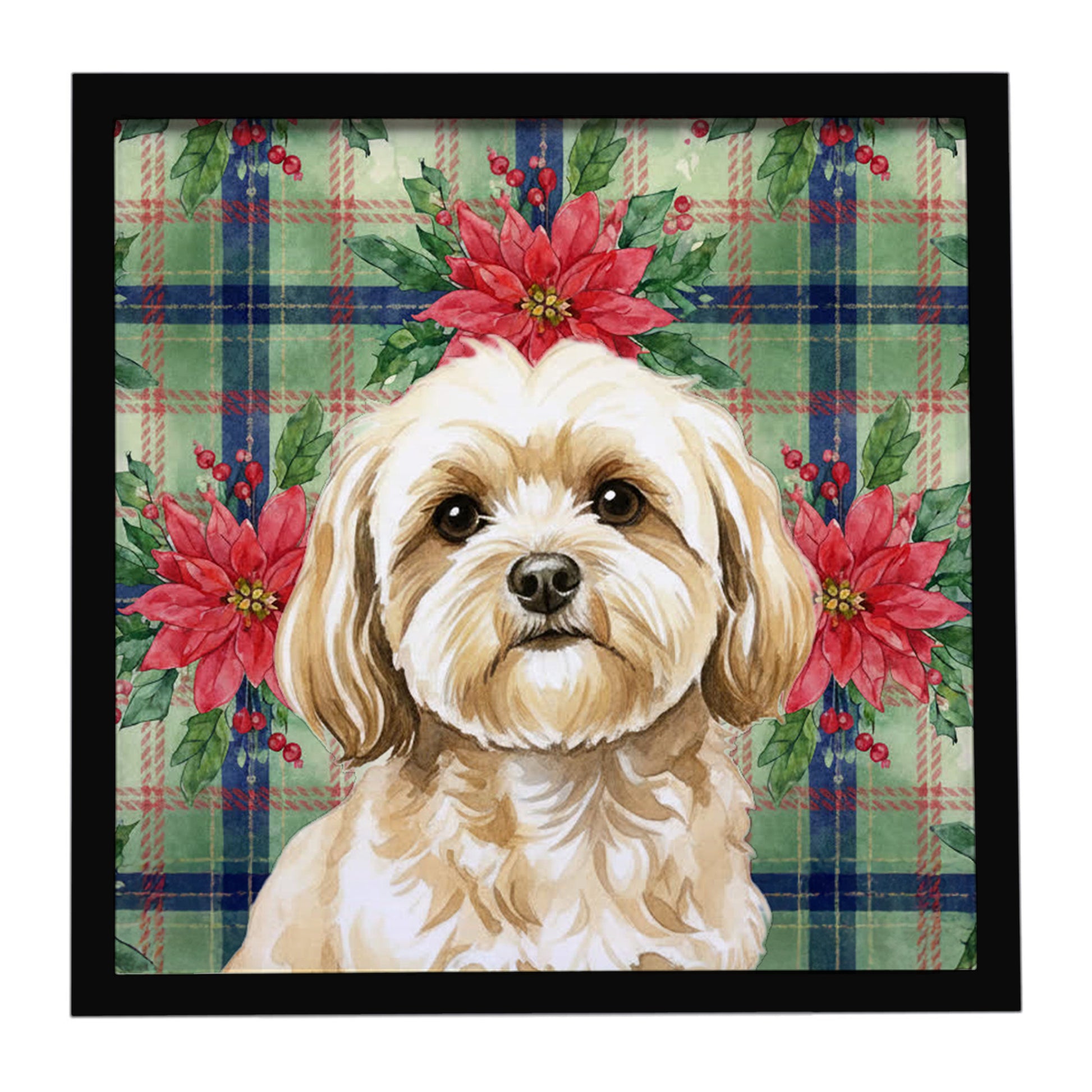 Buy this Cream Lhasa Apso Christmas PoinsettIas Framed Metal Print