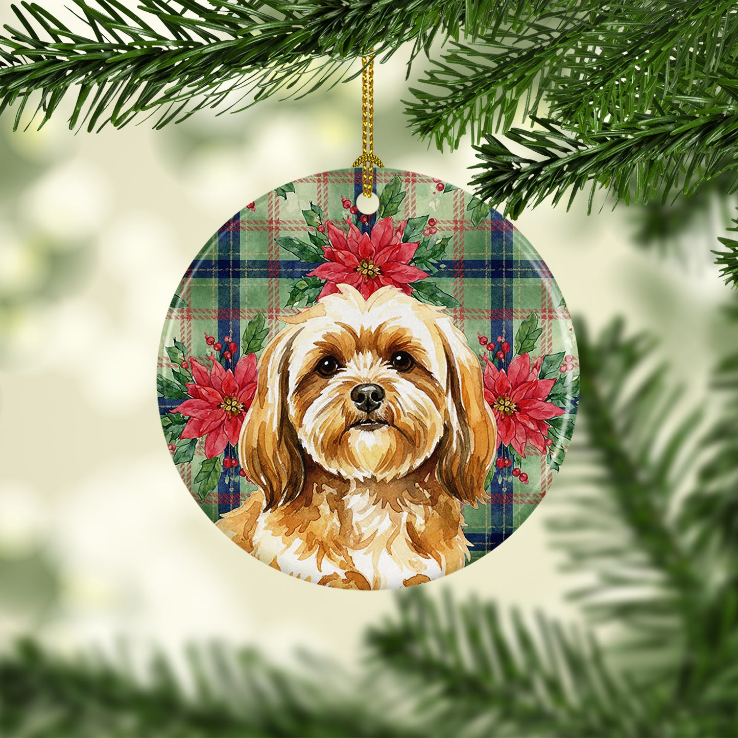 Gold Lhasa Apso Christmas PoinsettIas Ceramic Ornament