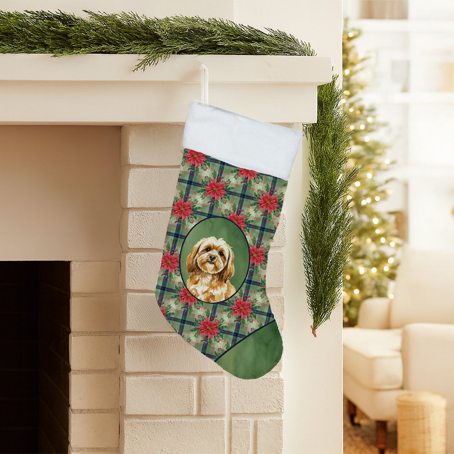Gold Lhasa Apso Christmas PoinsettIas Holiday Stocking