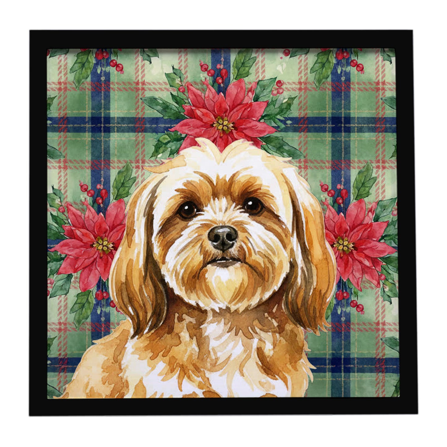 Buy this Gold Lhasa Apso Christmas PoinsettIas Framed Metal Print