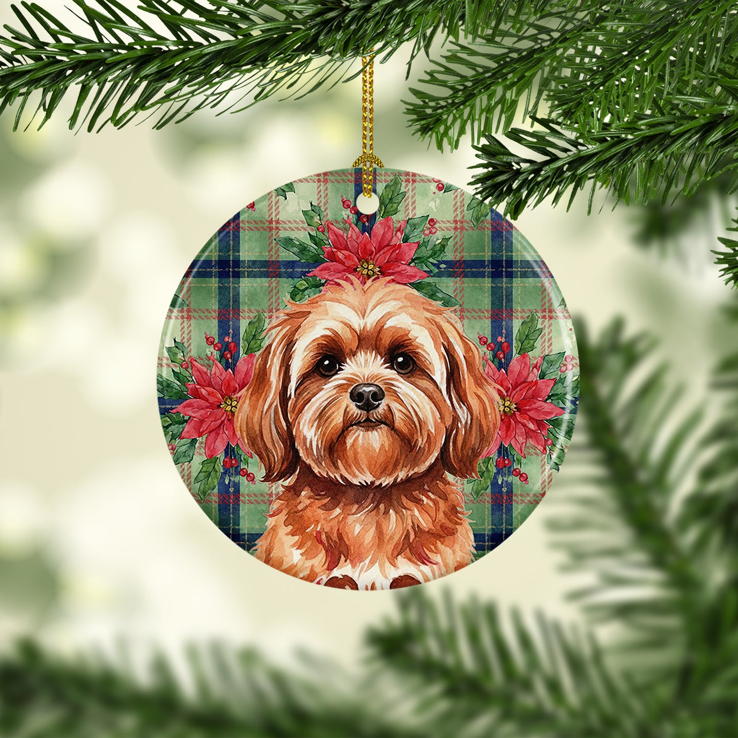 Red Lhasa Apso Christmas PoinsettIas Ceramic Ornament
