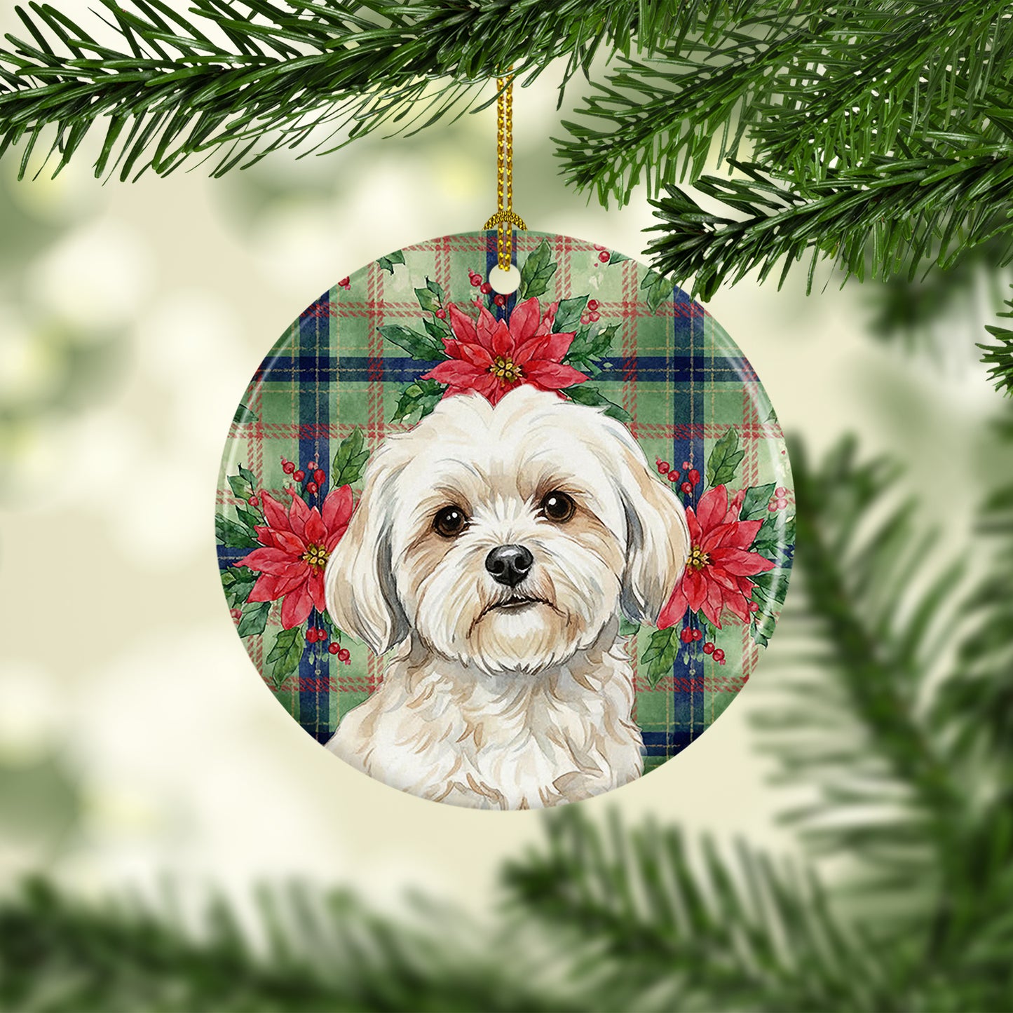 White Lhasa Apso Christmas PoinsettIas Ceramic Ornament