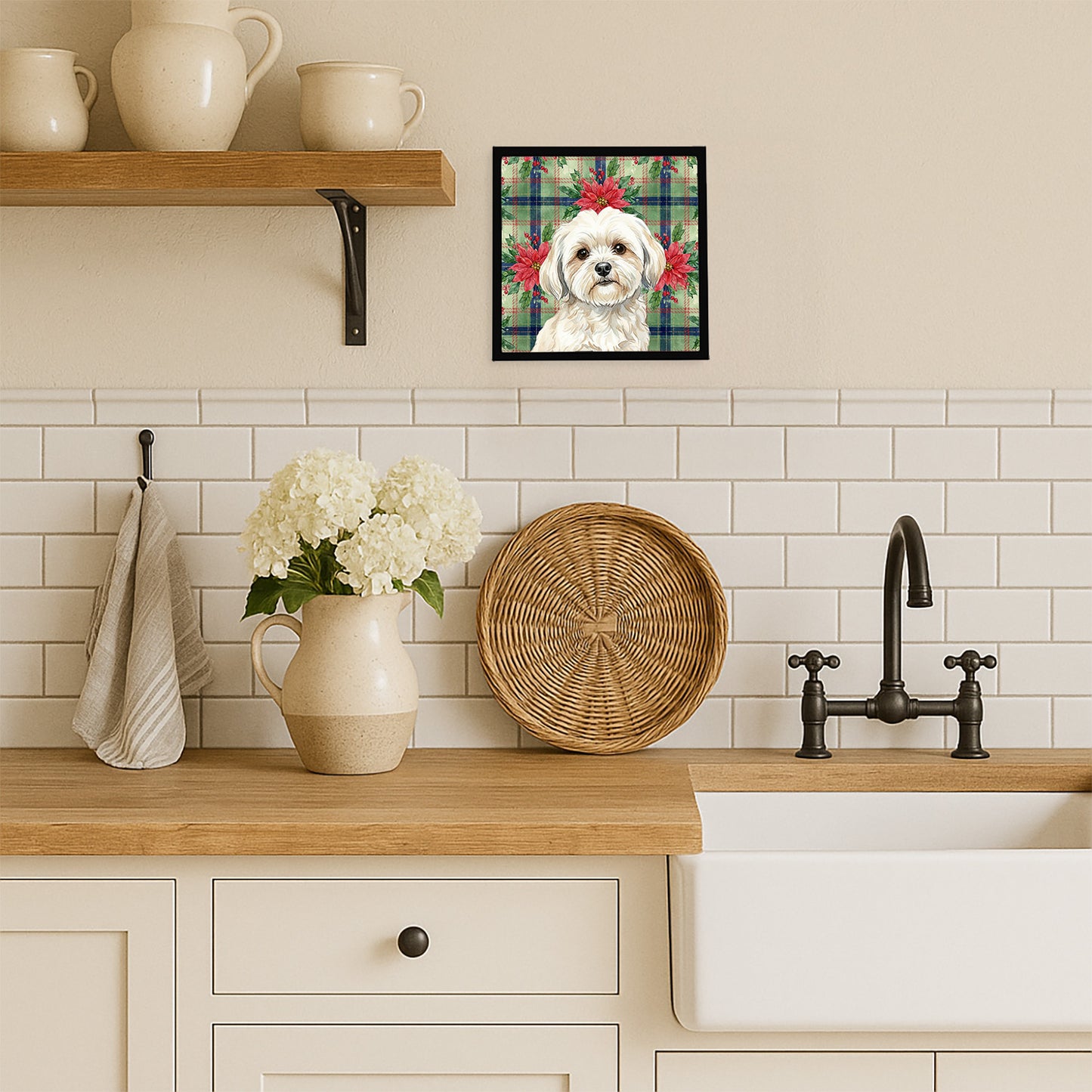 White Lhasa Apso Christmas PoinsettIas Framed Metal Print