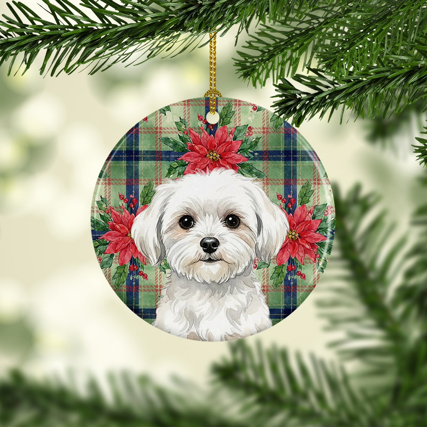 Maltese Christmas PoinsettIas Ceramic Ornament