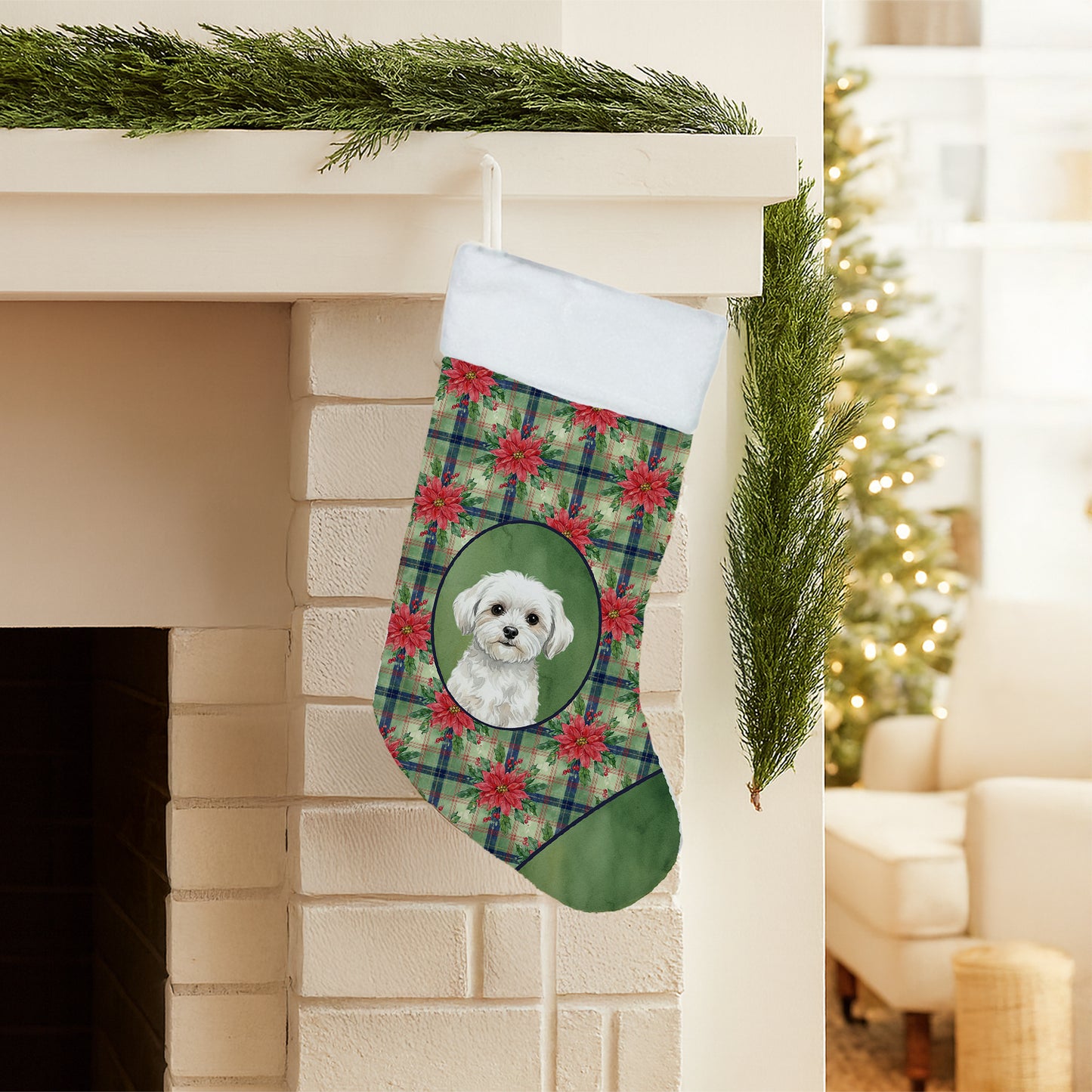 Maltese Christmas PoinsettIas Holiday Stocking