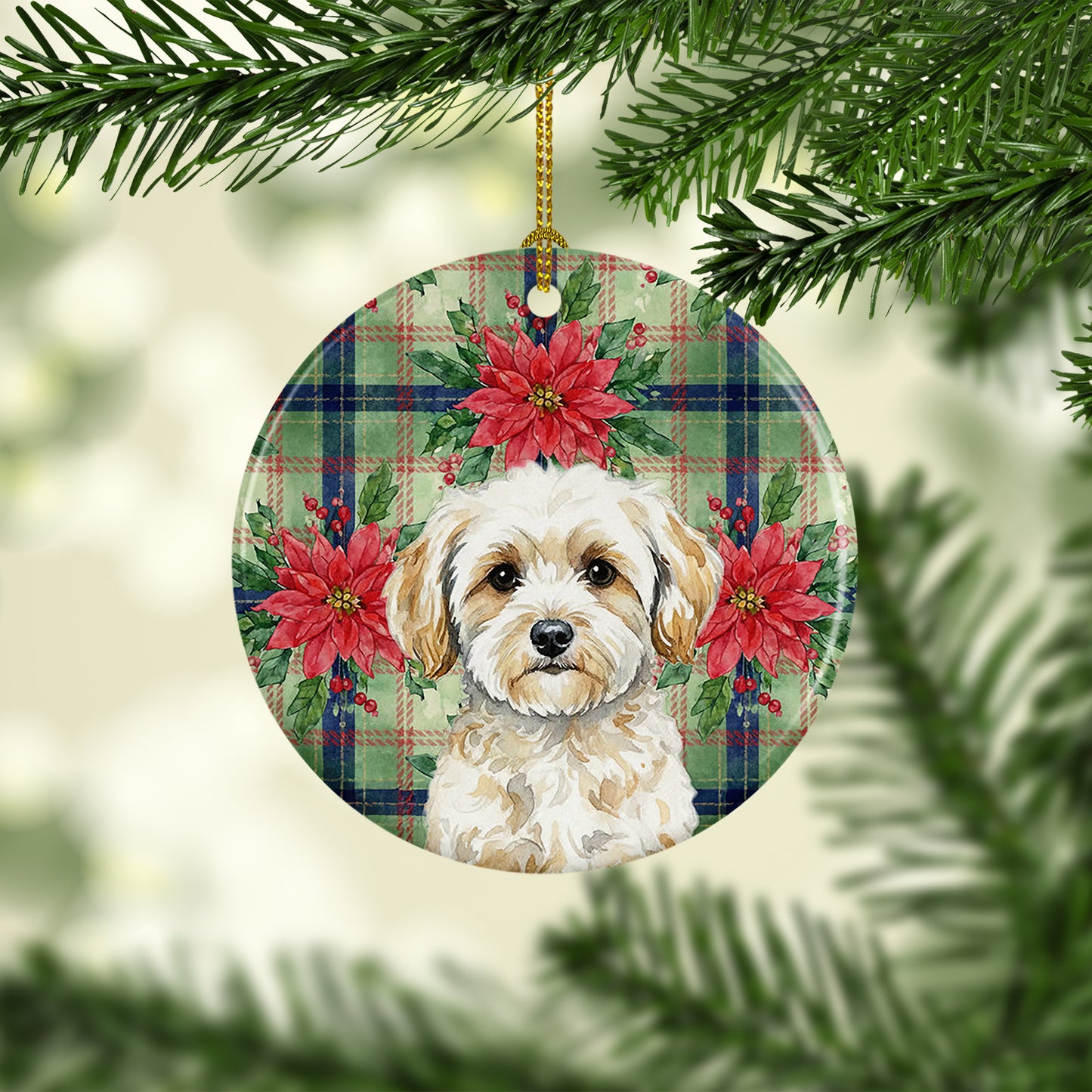 Maltipoo Christmas PoinsettIas Ceramic Ornament