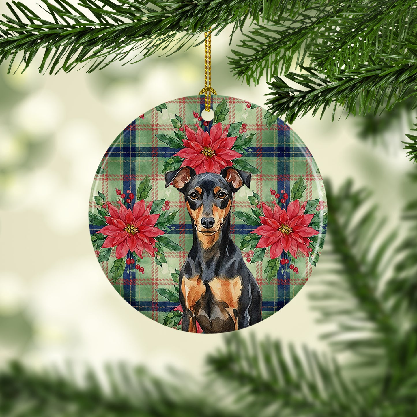 Manchester Terrier Christmas PoinsettIas Ceramic Ornament