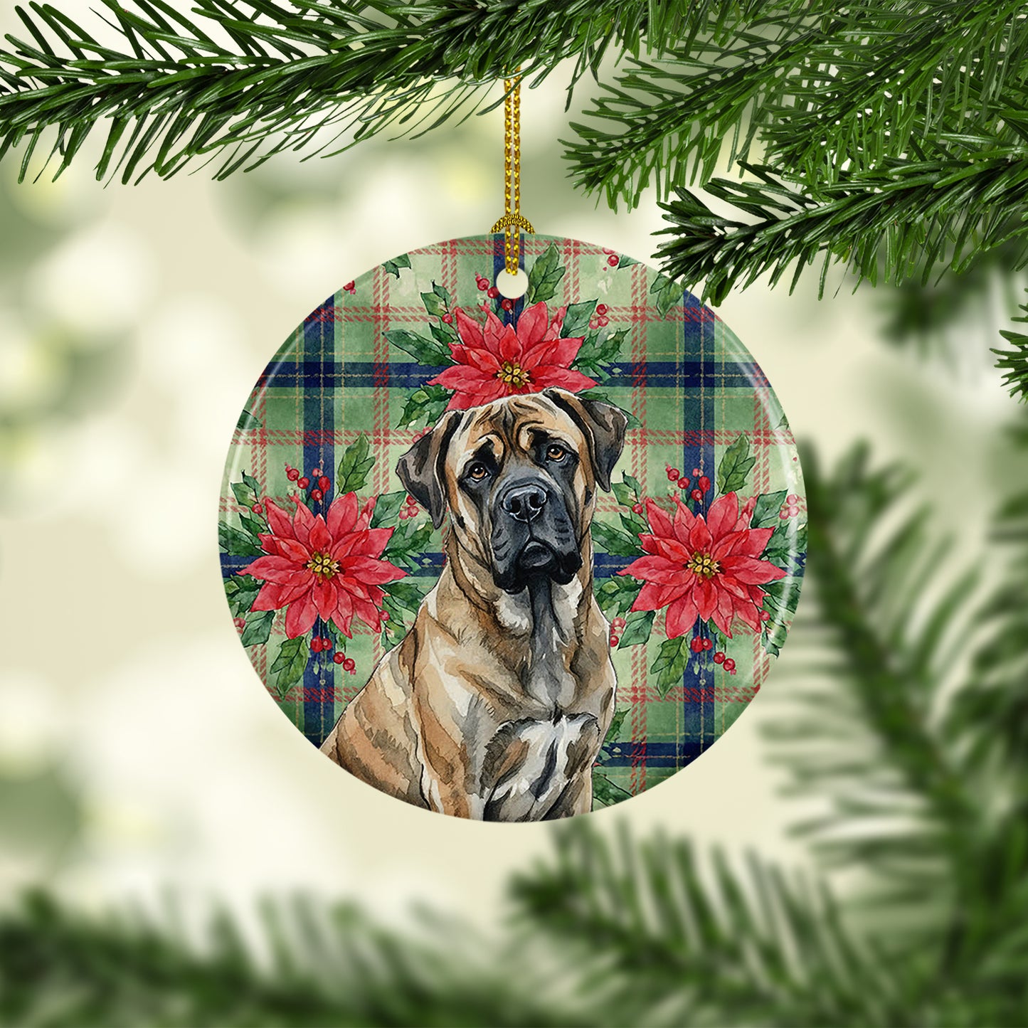 Brindle Mastiff Christmas PoinsettIas Ceramic Ornament