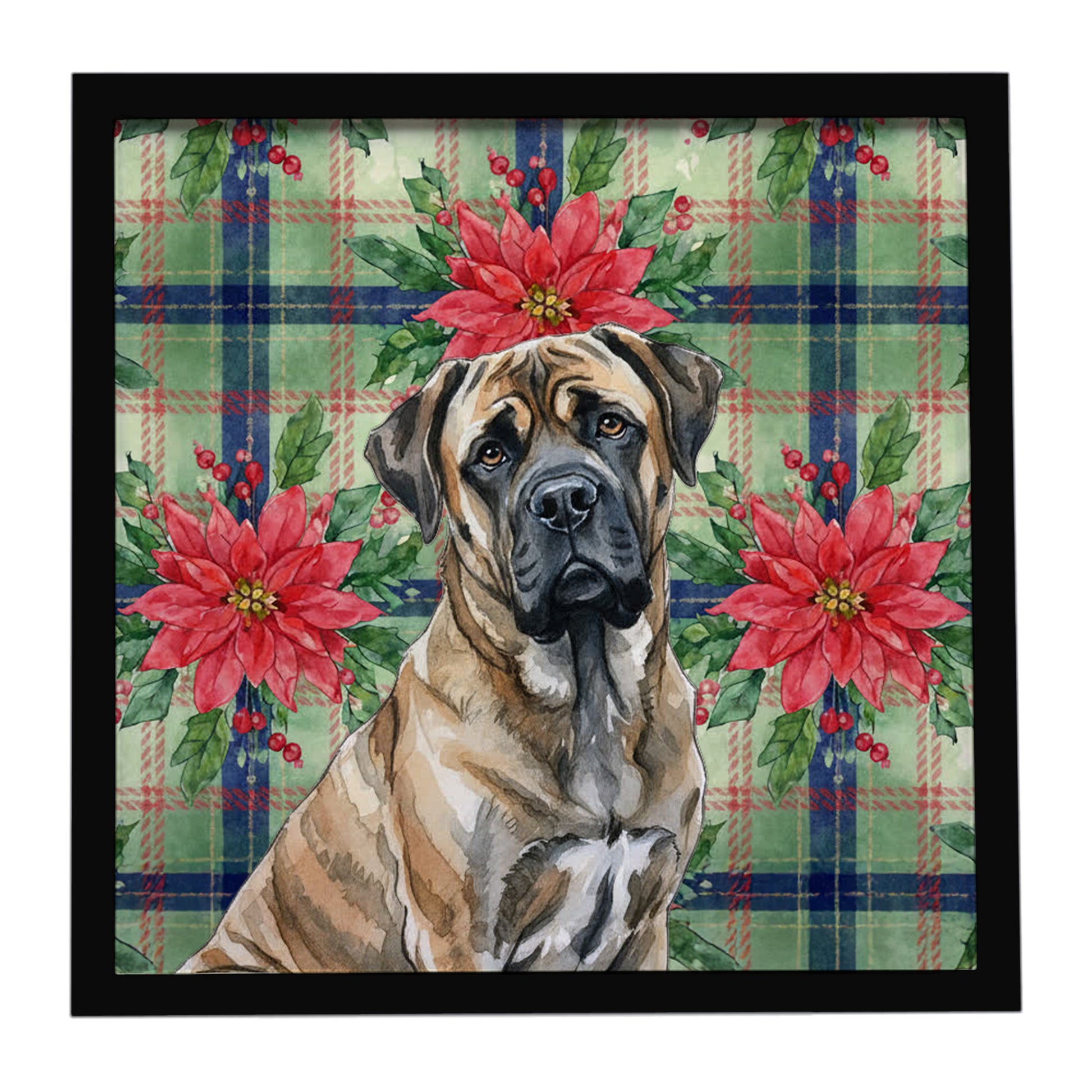 Buy this Brindle Mastiff Christmas PoinsettIas Framed Metal Print