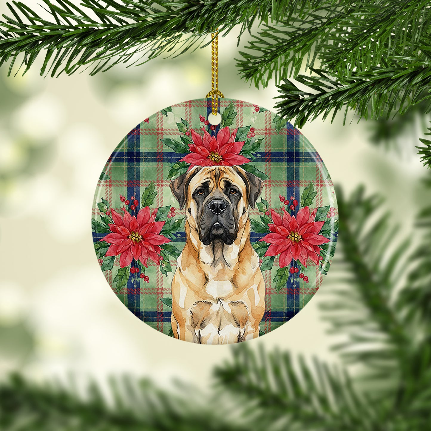 Fawn Mastiff Christmas PoinsettIas Ceramic Ornament
