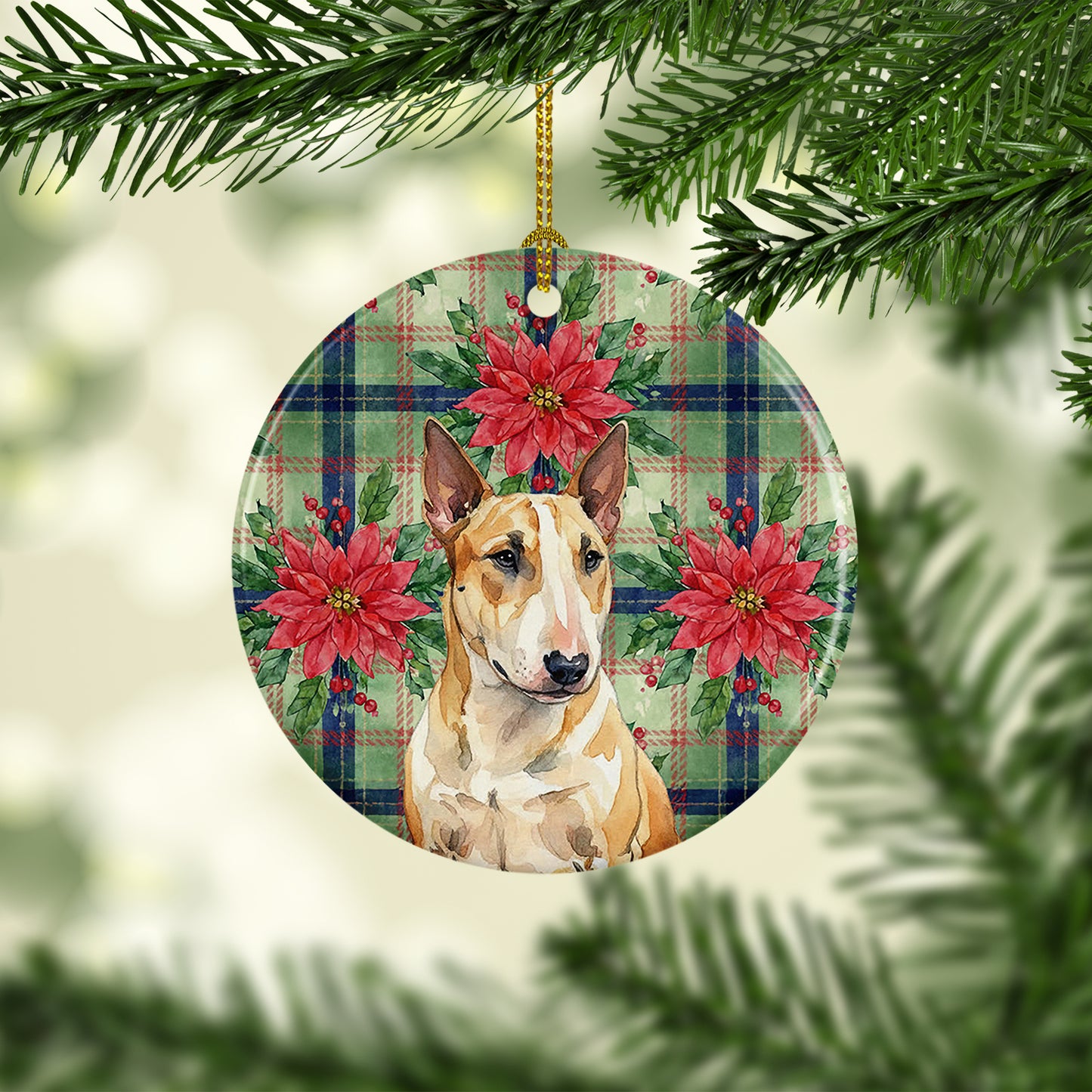 Miniature Bull Terrier Christmas PoinsettIas Ceramic Ornament