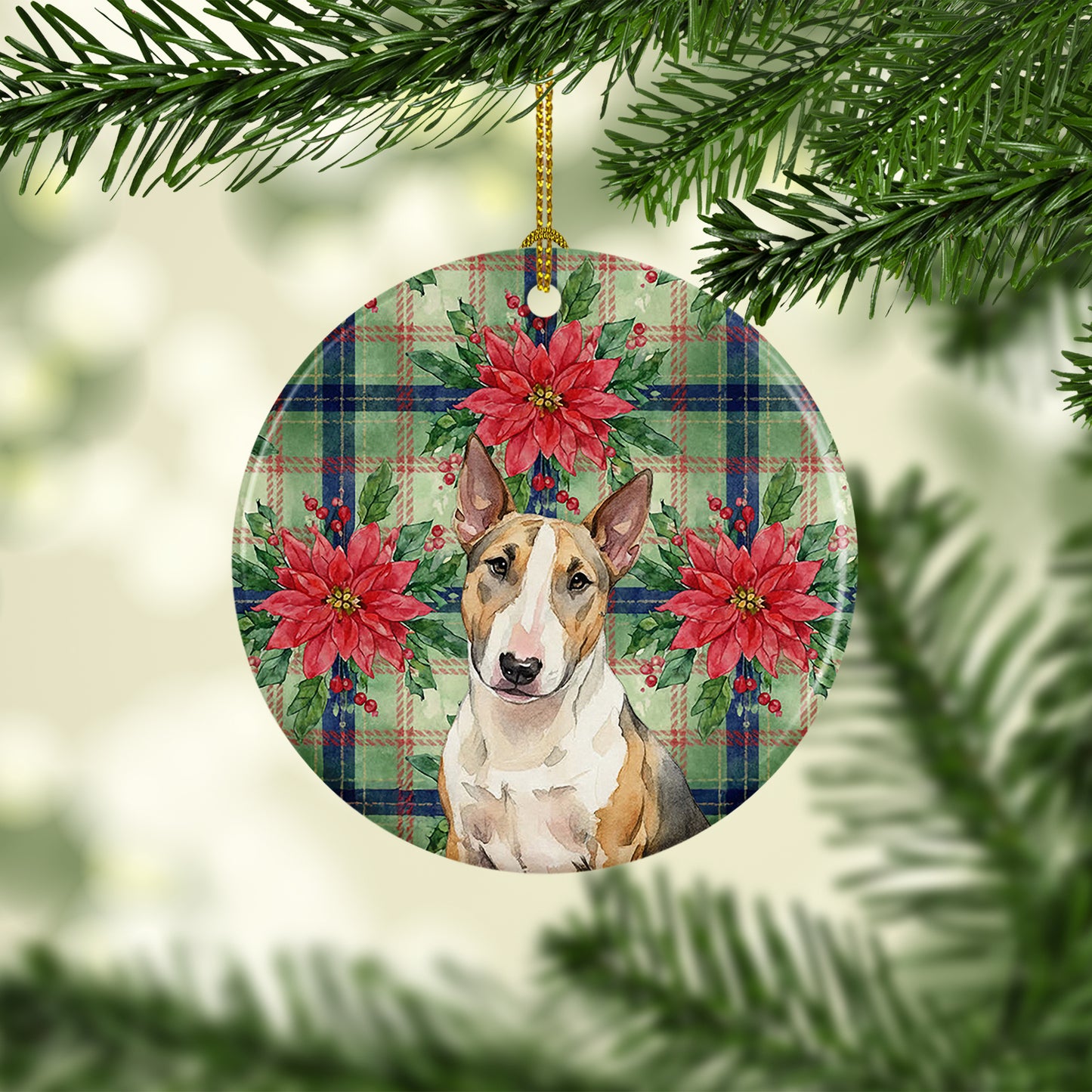 Tricolor Miniature Bull Terrier Christmas PoinsettIas Ceramic Ornament