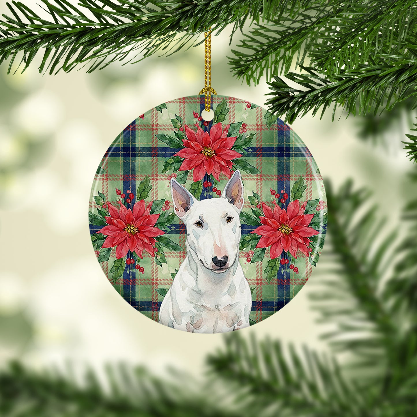 White Miniature Bull Terrier Christmas PoinsettIas Ceramic Ornament