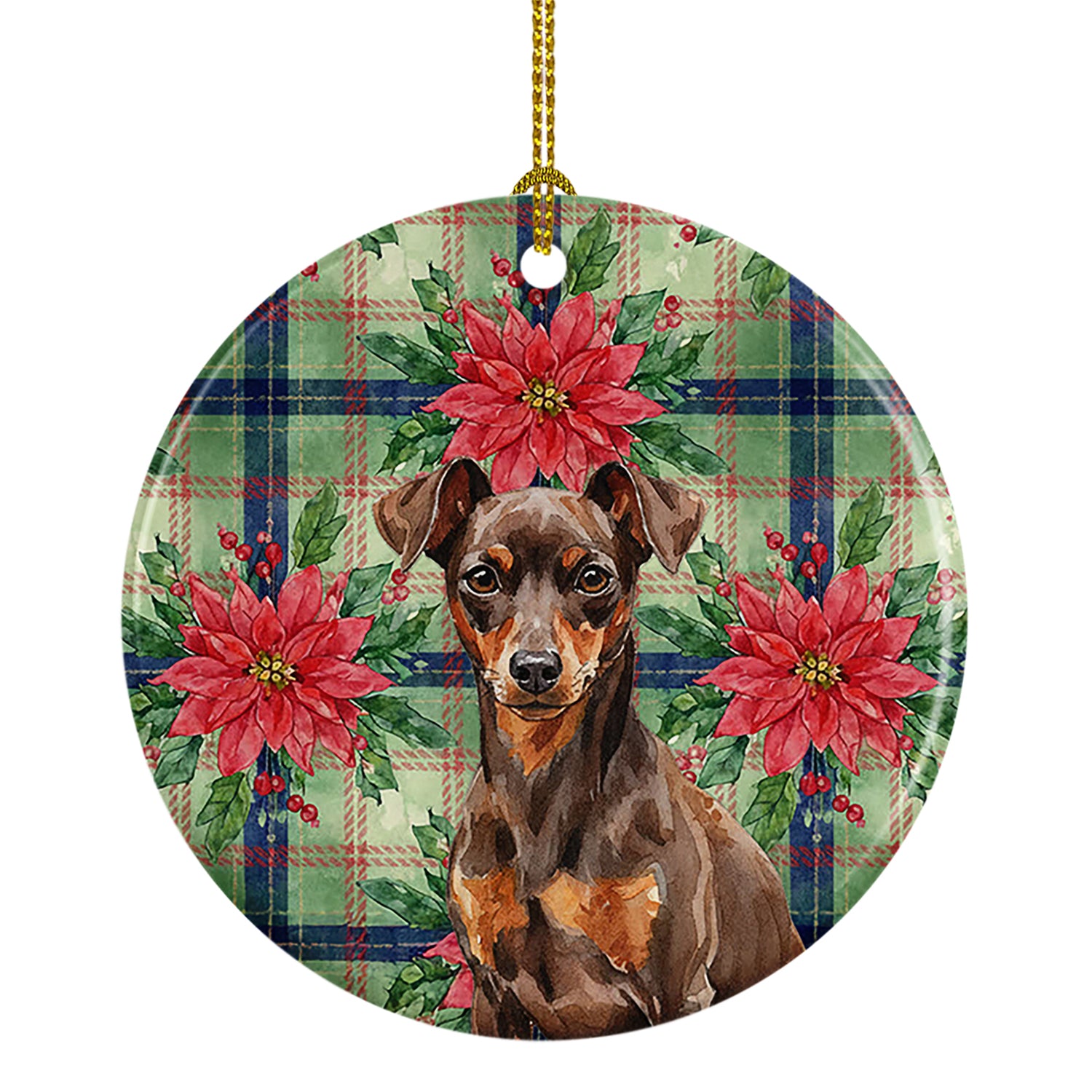 Buy this Chocolate and Rust Miniature Pinscher Min Pin Christmas PoinsettIas Ceramic Ornament