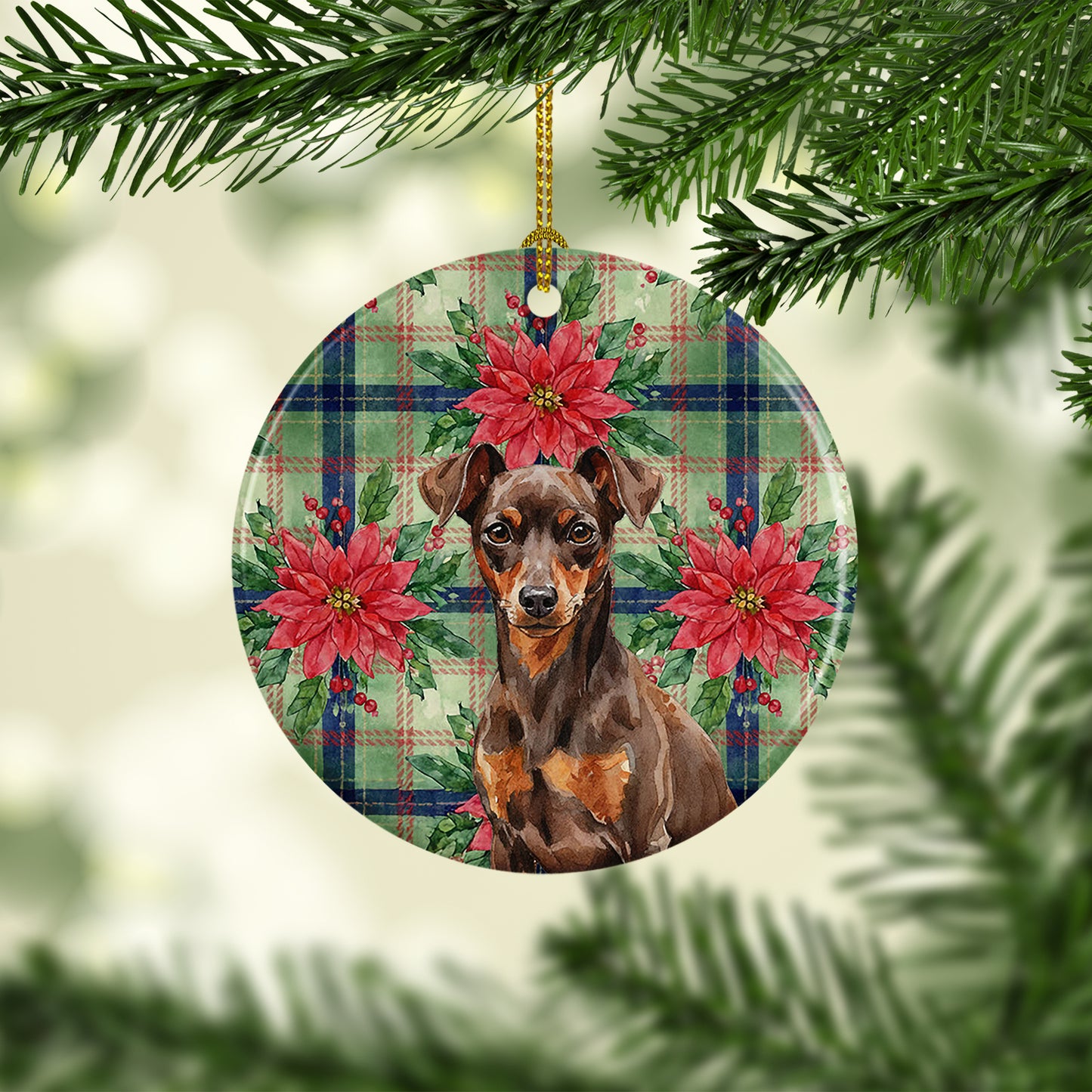 Chocolate and Rust Miniature Pinscher Min Pin Christmas PoinsettIas Ceramic Ornament