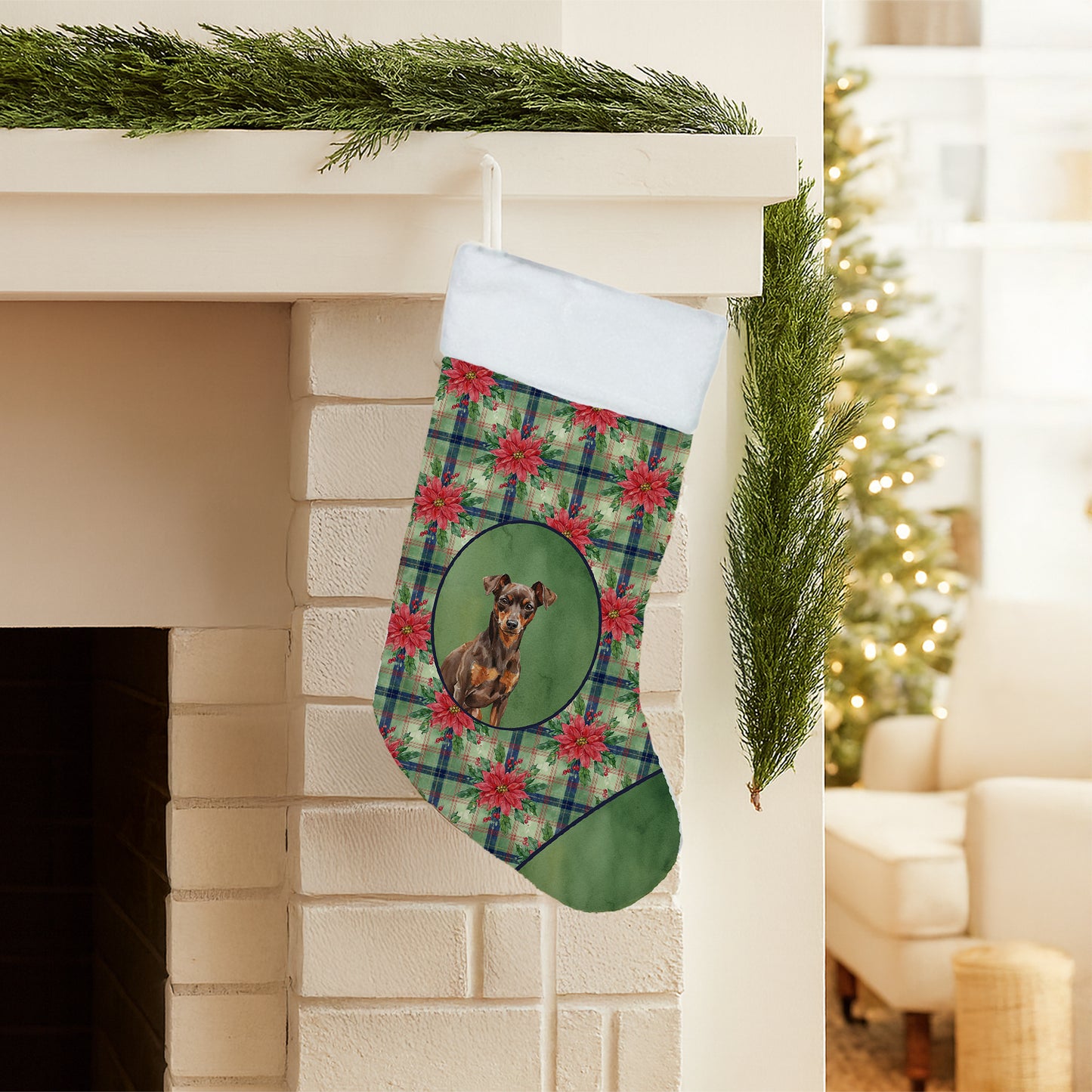 Chocolate and Rust Miniature Pinscher Min Pin Christmas PoinsettIas Holiday Stocking