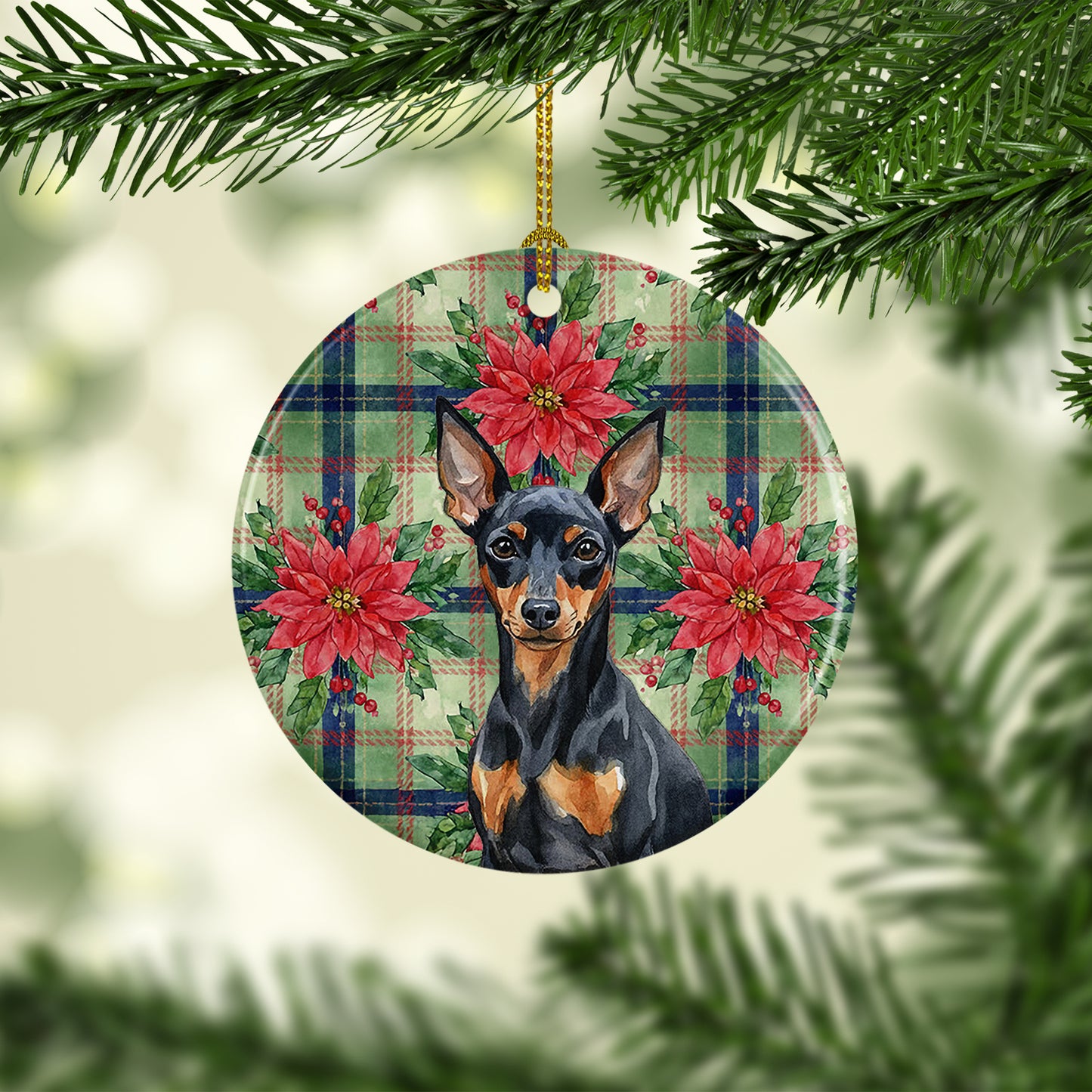 Black and Tan Miniature Pinscher Christmas PoinsettIas Ceramic Ornament