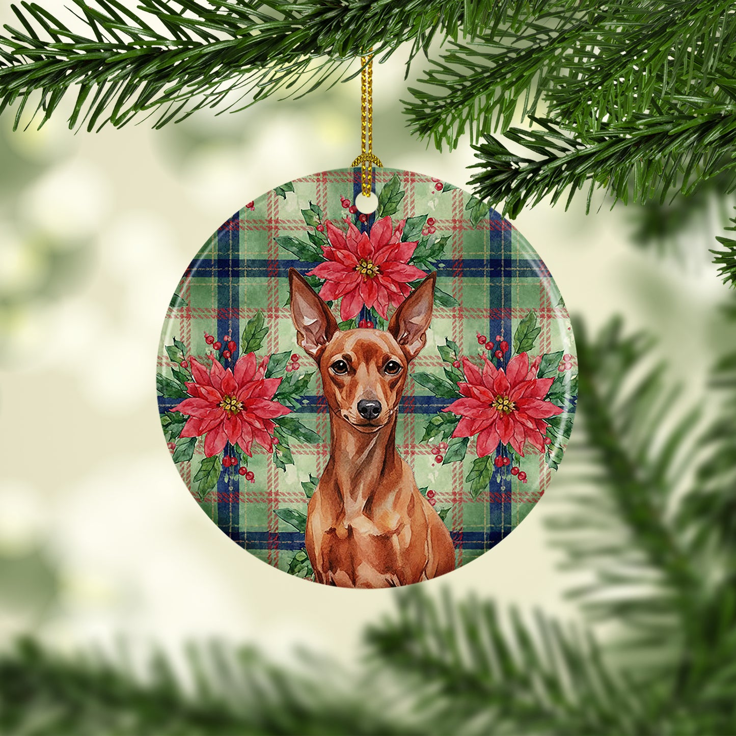 Red Miniature Pinscher Min Pin Christmas PoinsettIas Ceramic Ornament
