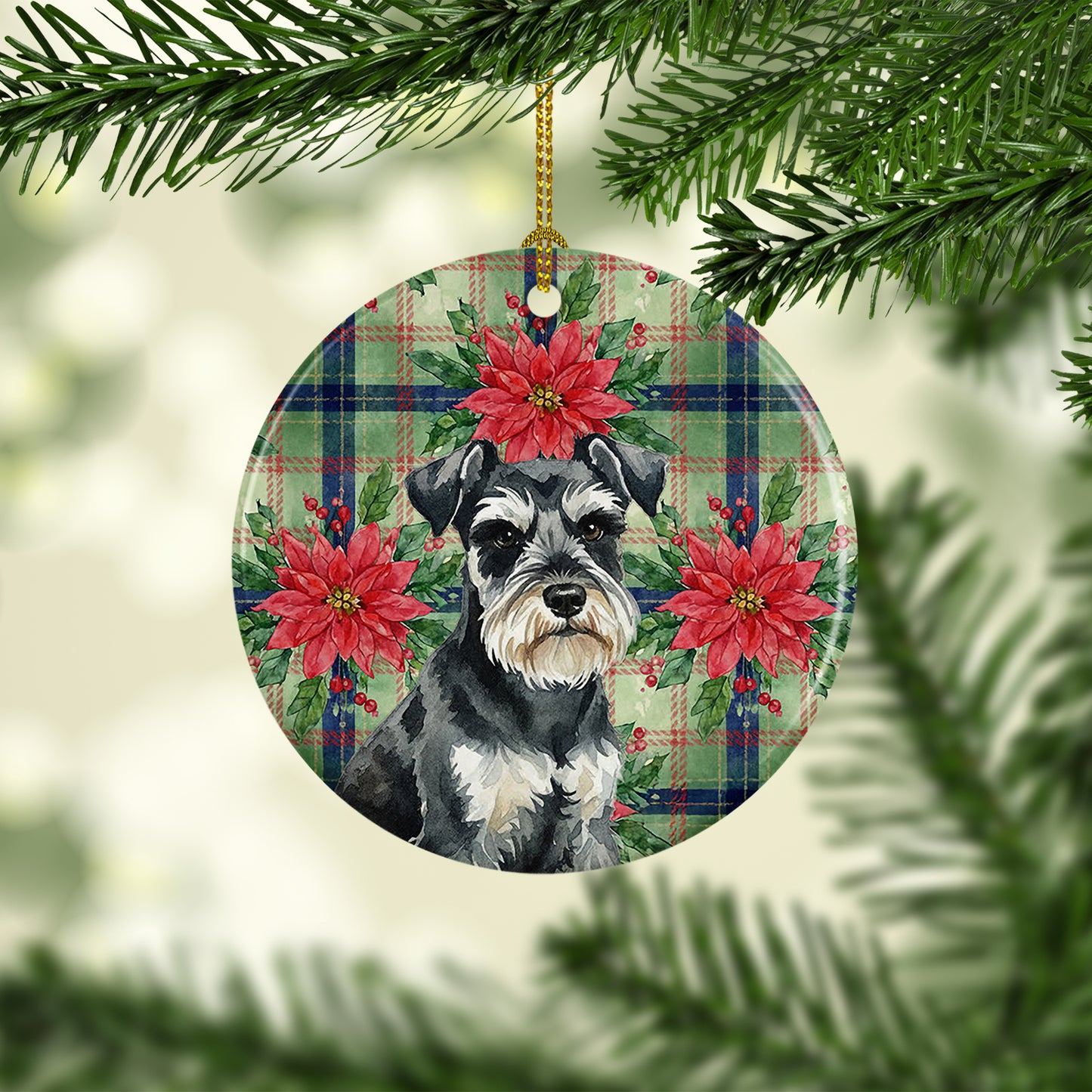 Black & Silver Miniature Schnauzer Christmas PoinsettIas Ceramic Ornament