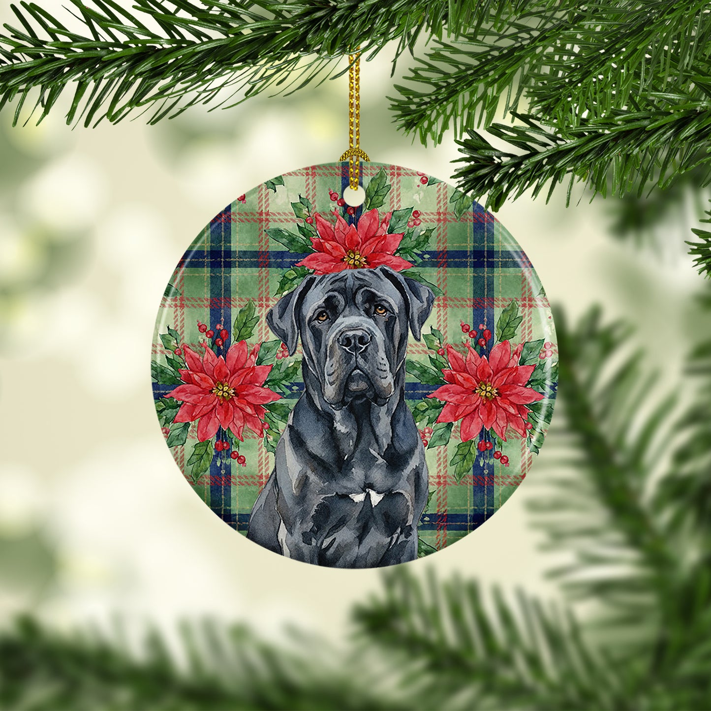 Black Neapolitan Mastiff Christmas PoinsettIas Ceramic Ornament