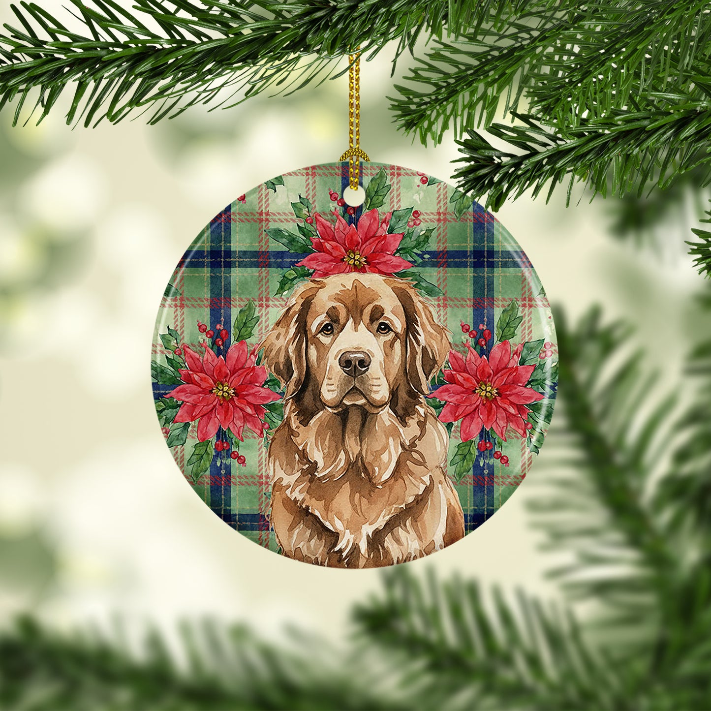 Brown Newfoundland Christmas PoinsettIas Ceramic Ornament