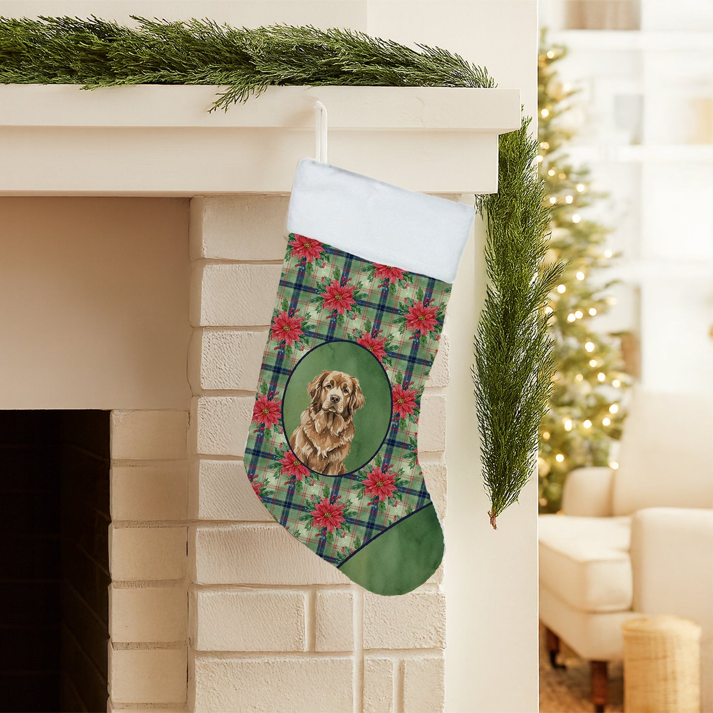Brown Newfoundland Christmas PoinsettIas Holiday Stocking