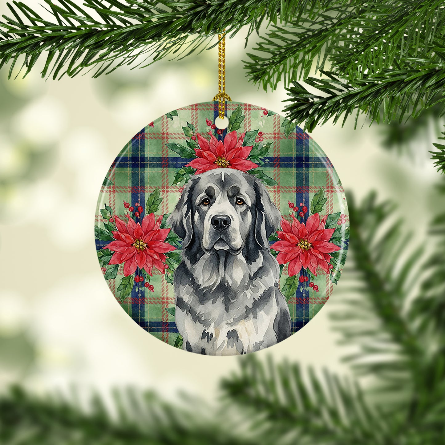 Gray Newfoundland Christmas PoinsettIas Ceramic Ornament
