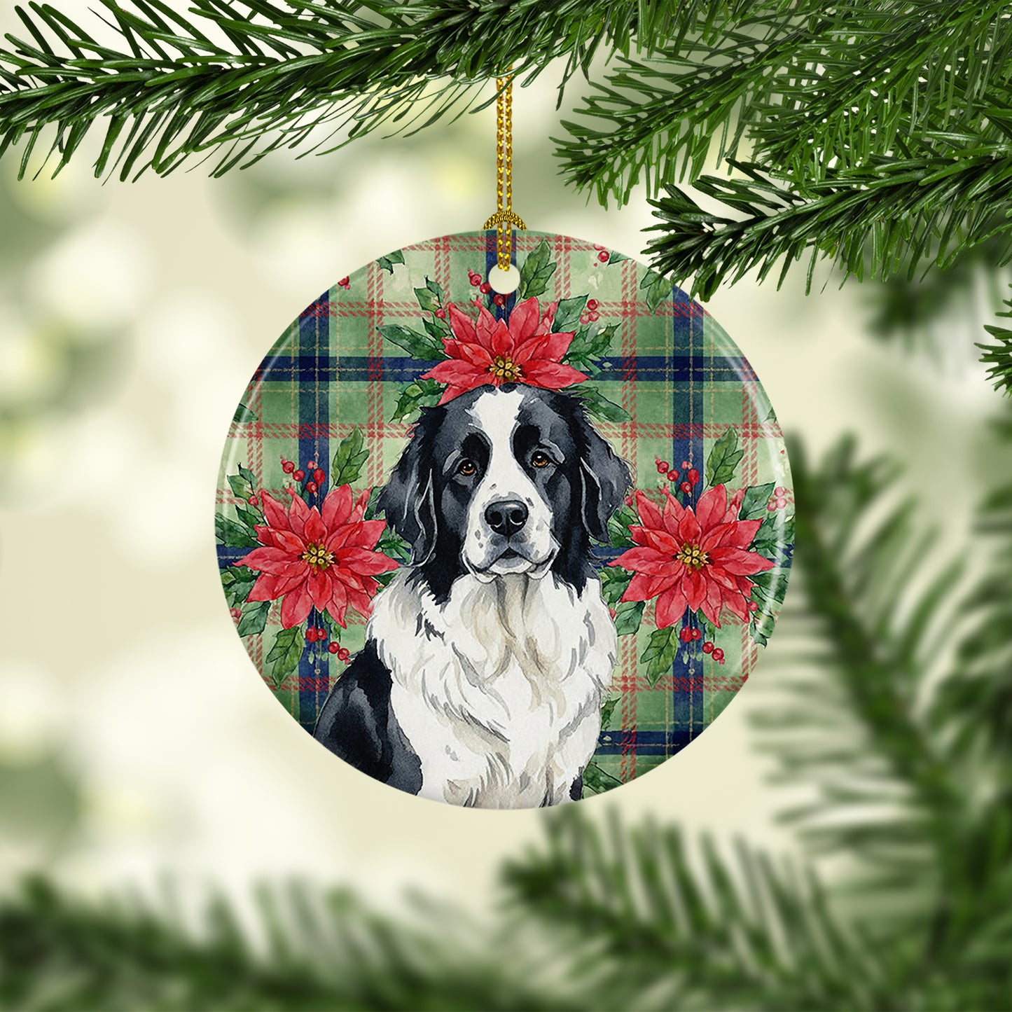 Landseer Newfoundland Christmas PoinsettIas Ceramic Ornament