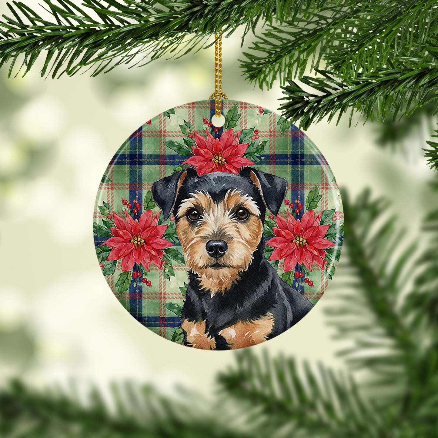 Black and Tan Norfolk Terrier Christmas PoinsettIas Ceramic Ornament