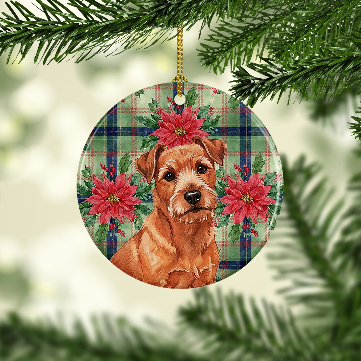 Red Norfolk Terrier Christmas PoinsettIas Ceramic Ornament