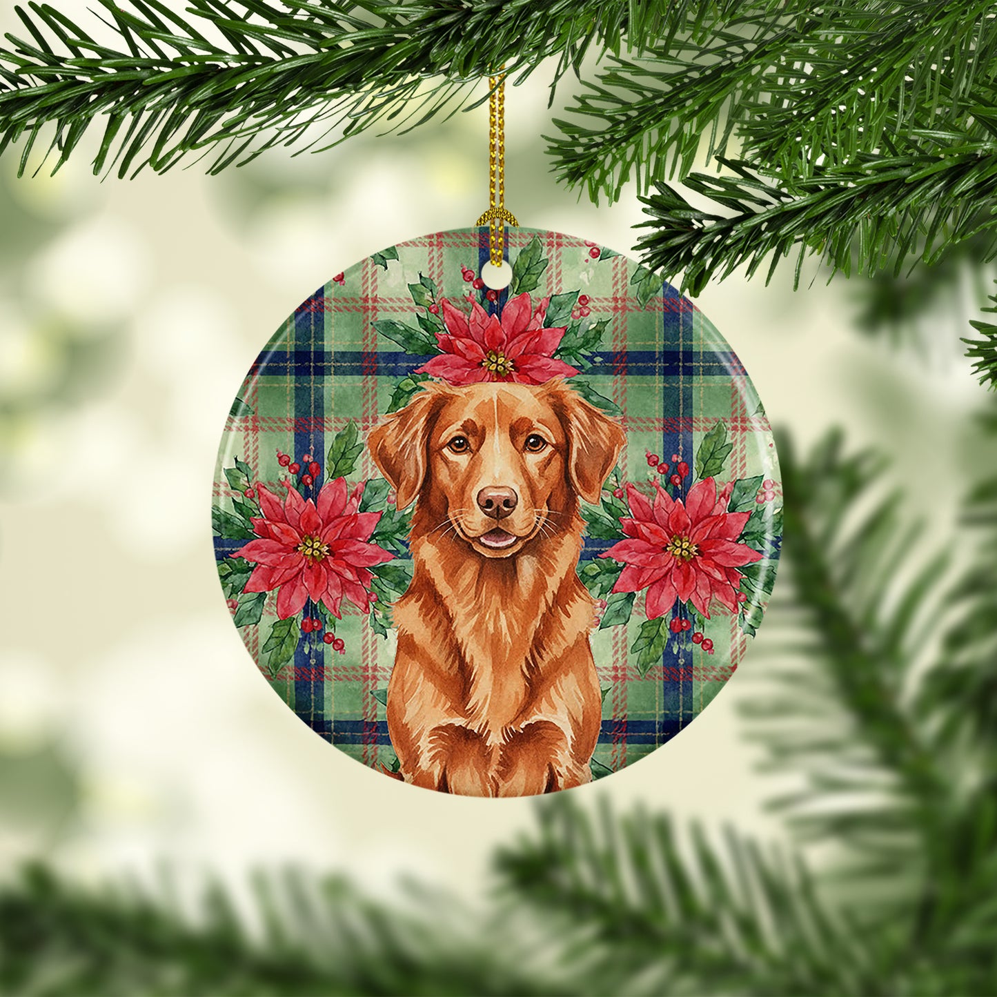 Copper Nova Scotia Duck Tolling Retriever Christmas PoinsettIas Ceramic Ornament