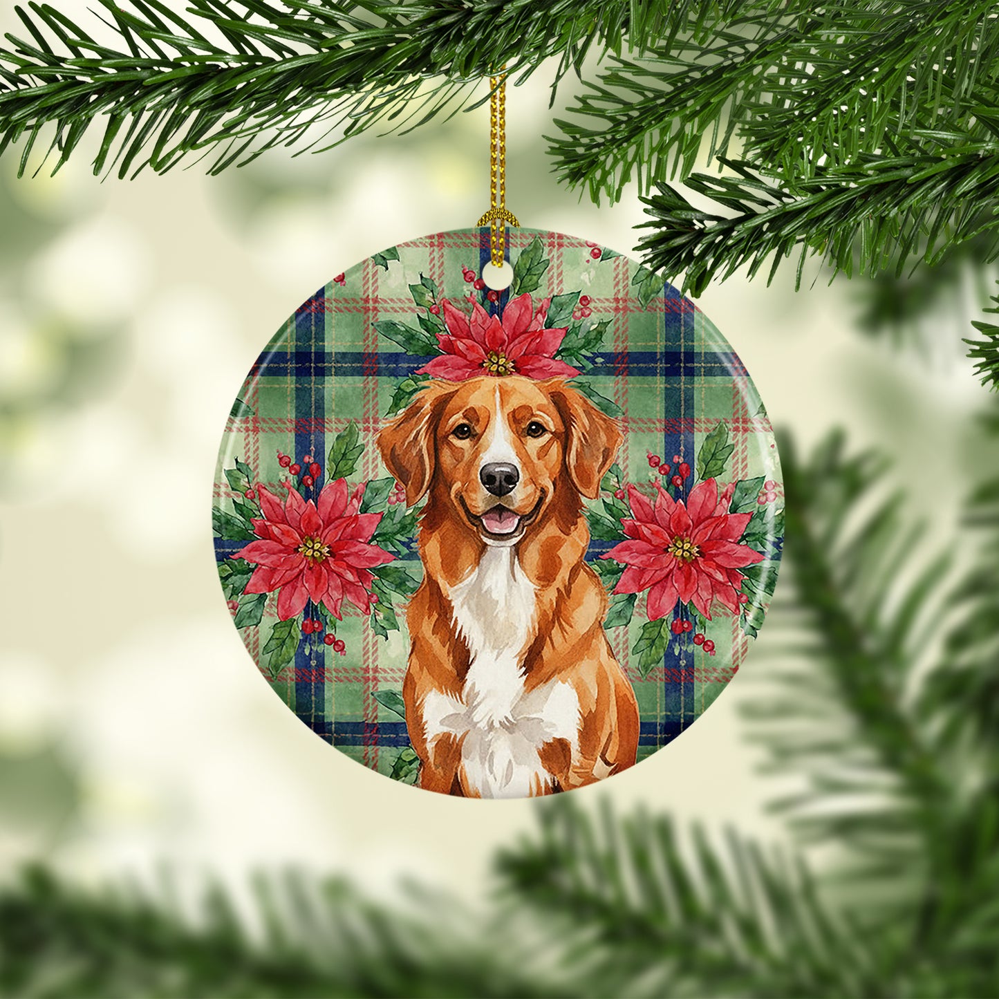 Orange Nova Scotia Duck Tolling Retriever Christmas PoinsettIas Ceramic Ornament