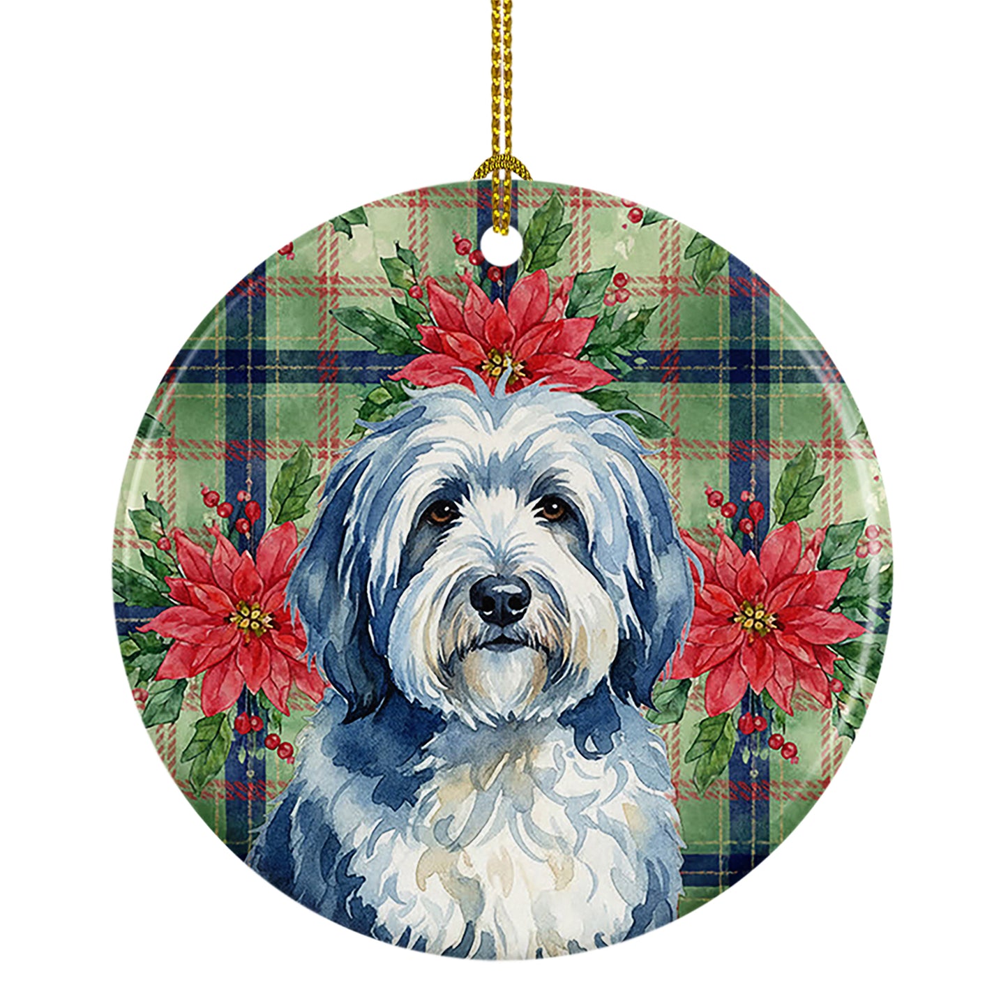 Buy this Blue and White Old English Sheepdog Christmas PoinsettIas Ceramic Ornament
