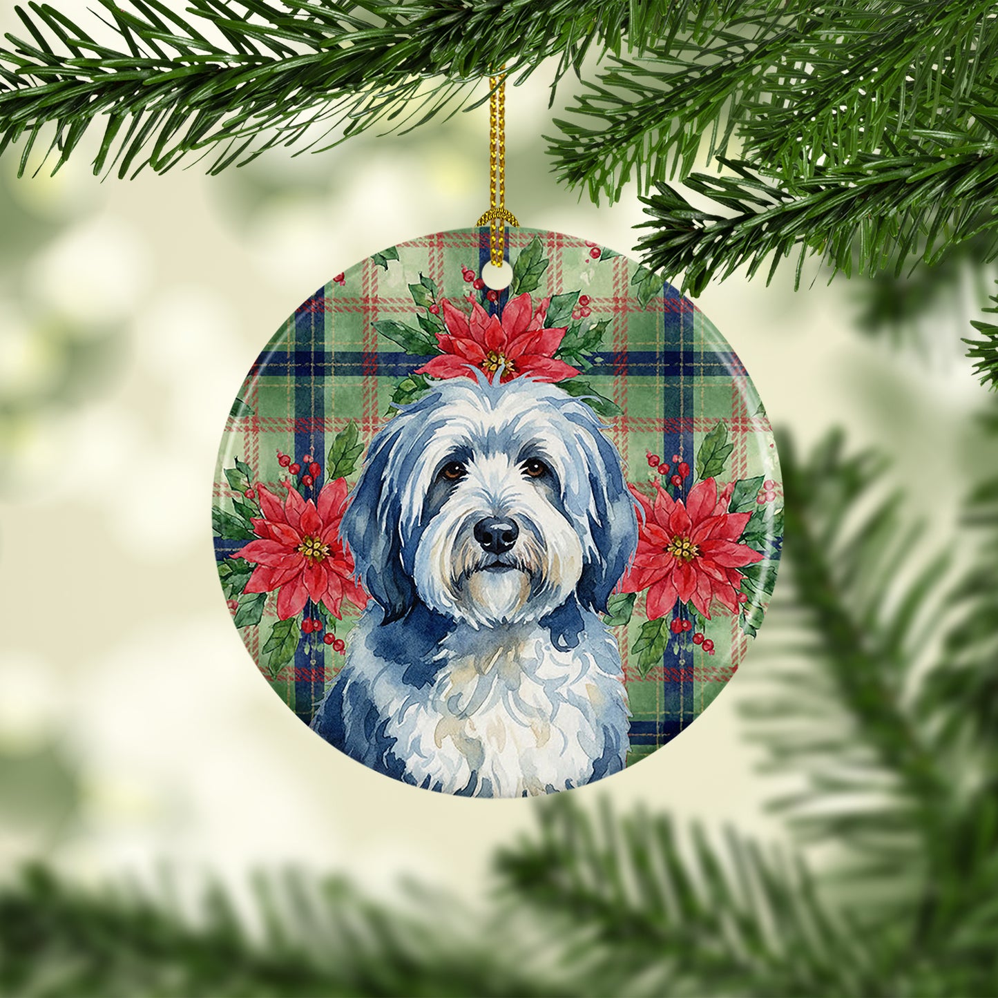 Blue and White Old English Sheepdog Christmas PoinsettIas Ceramic Ornament