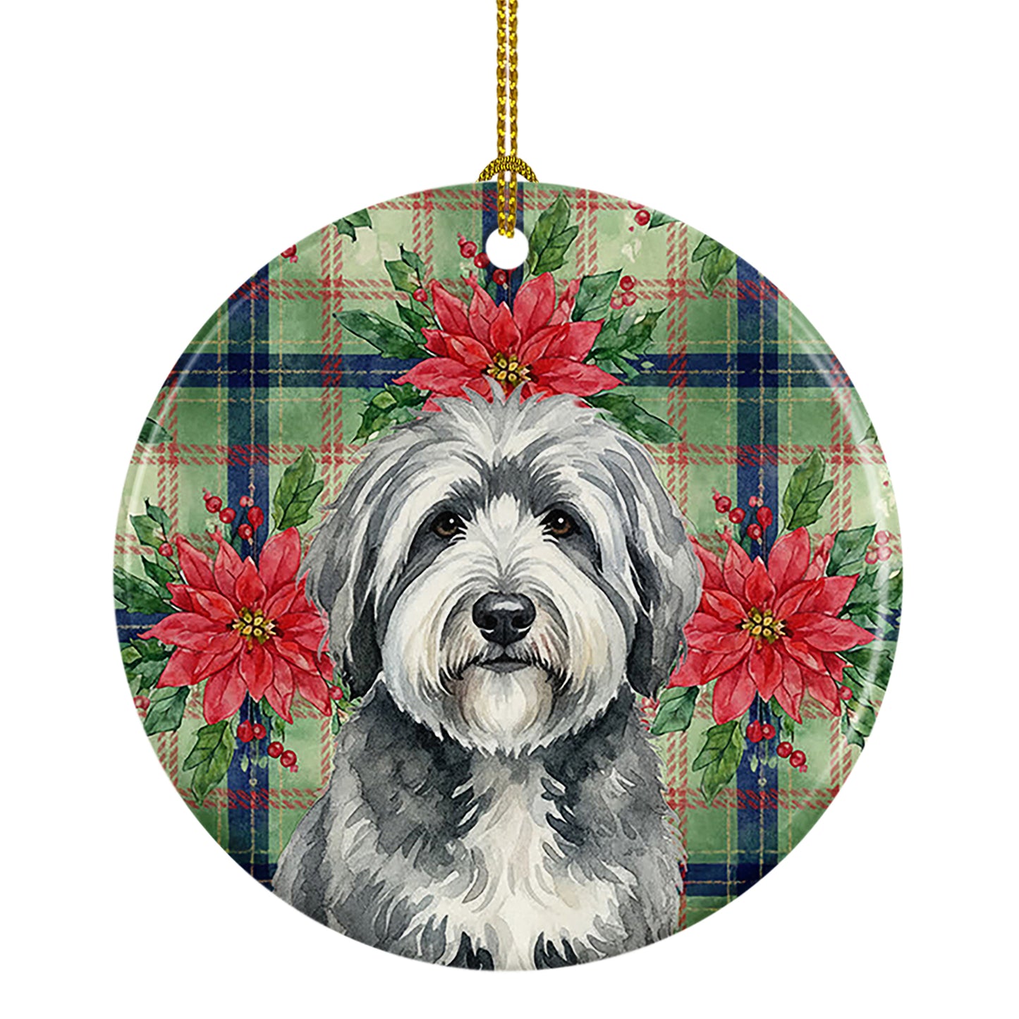 Buy this Gray and White Old English Sheepdog Christmas PoinsettIas Ceramic Ornament