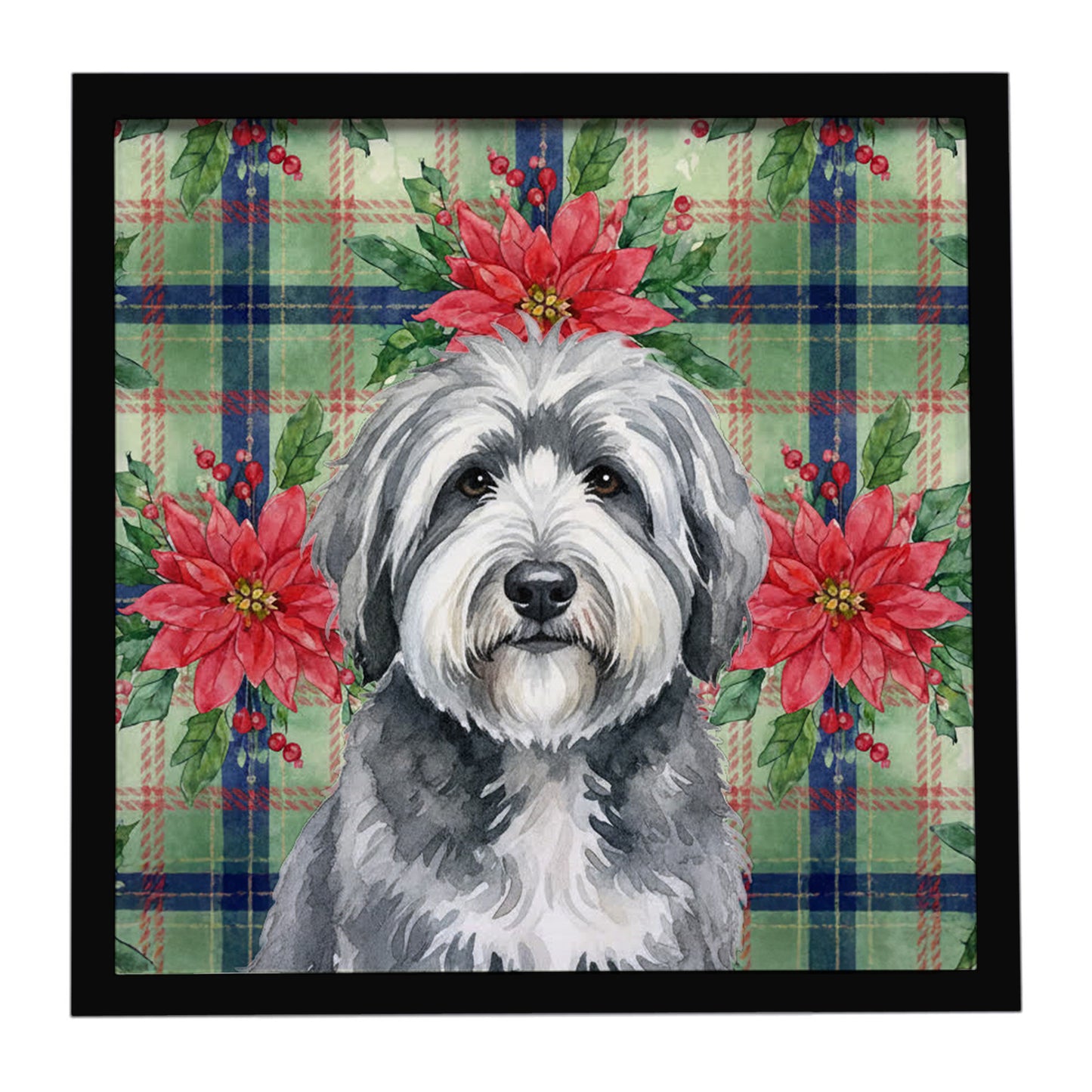 Buy this Gray and White Old English Sheepdog Christmas PoinsettIas Framed Metal Print