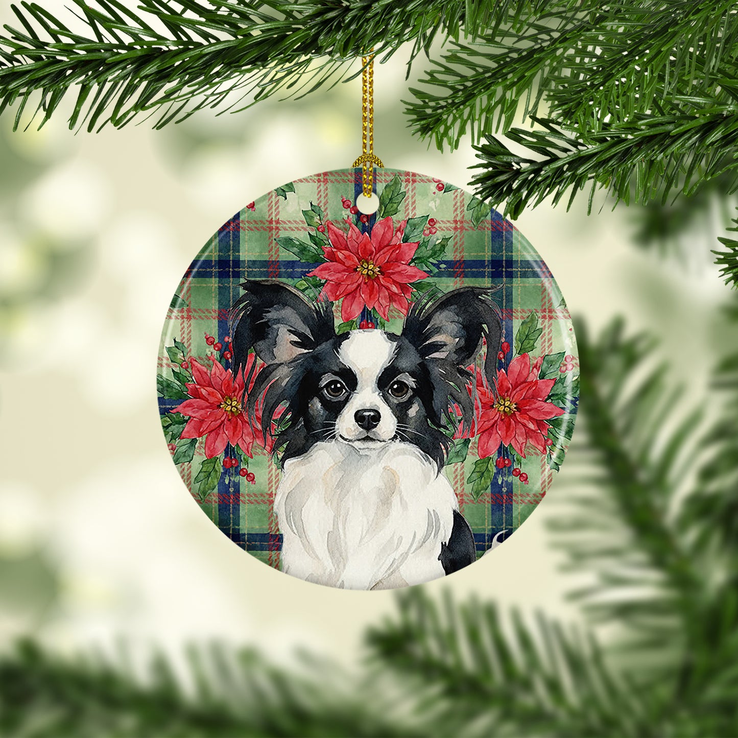 Black and White Papillon Christmas PoinsettIas Ceramic Ornament