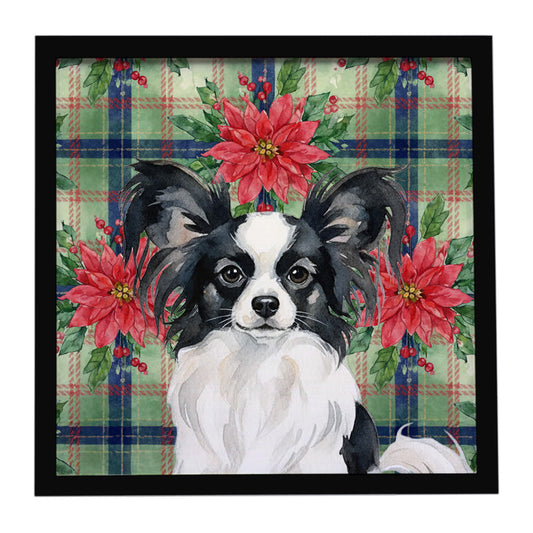 Buy this Black and White Papillon Christmas PoinsettIas Framed Metal Print