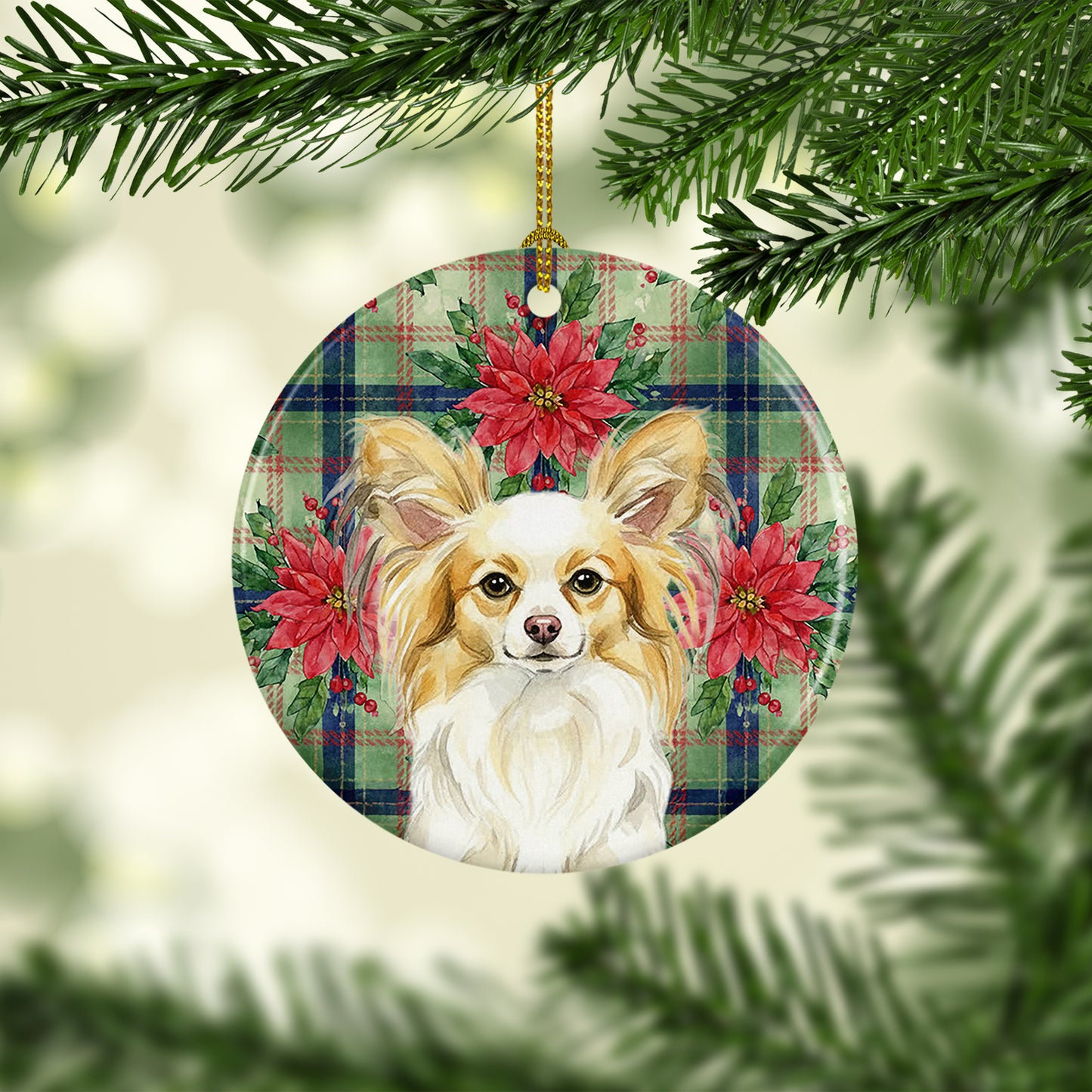 Lemon and White Papillon Christmas PoinsettIas Ceramic Ornament