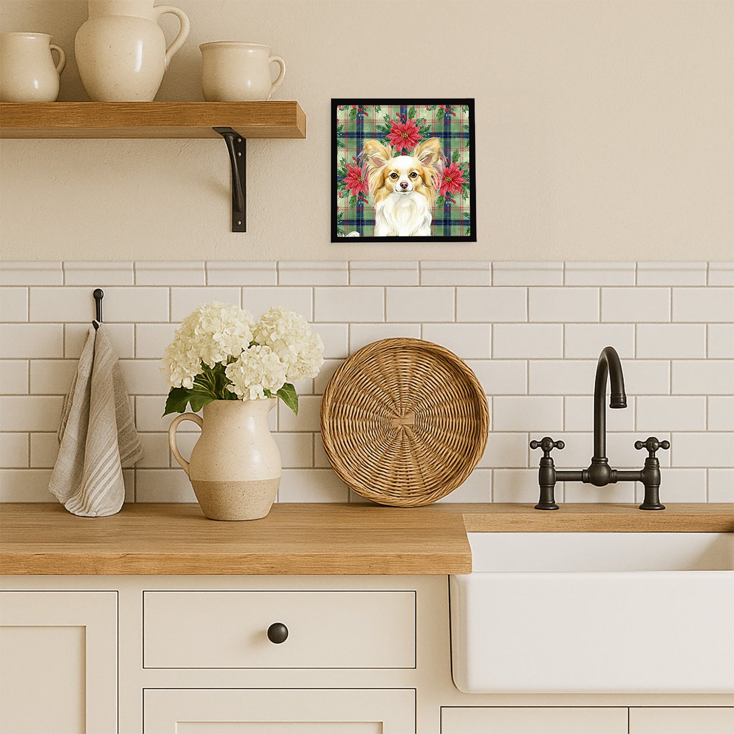 Lemon and White Papillon Christmas PoinsettIas Framed Metal Print
