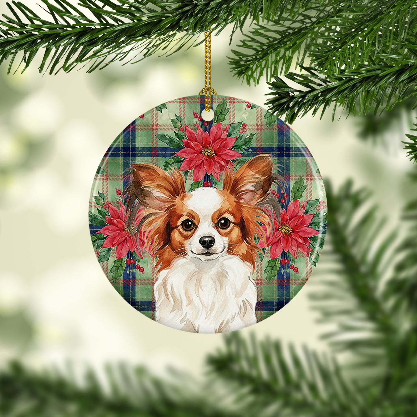 White with Red Papillon Christmas PoinsettIas Ceramic Ornament