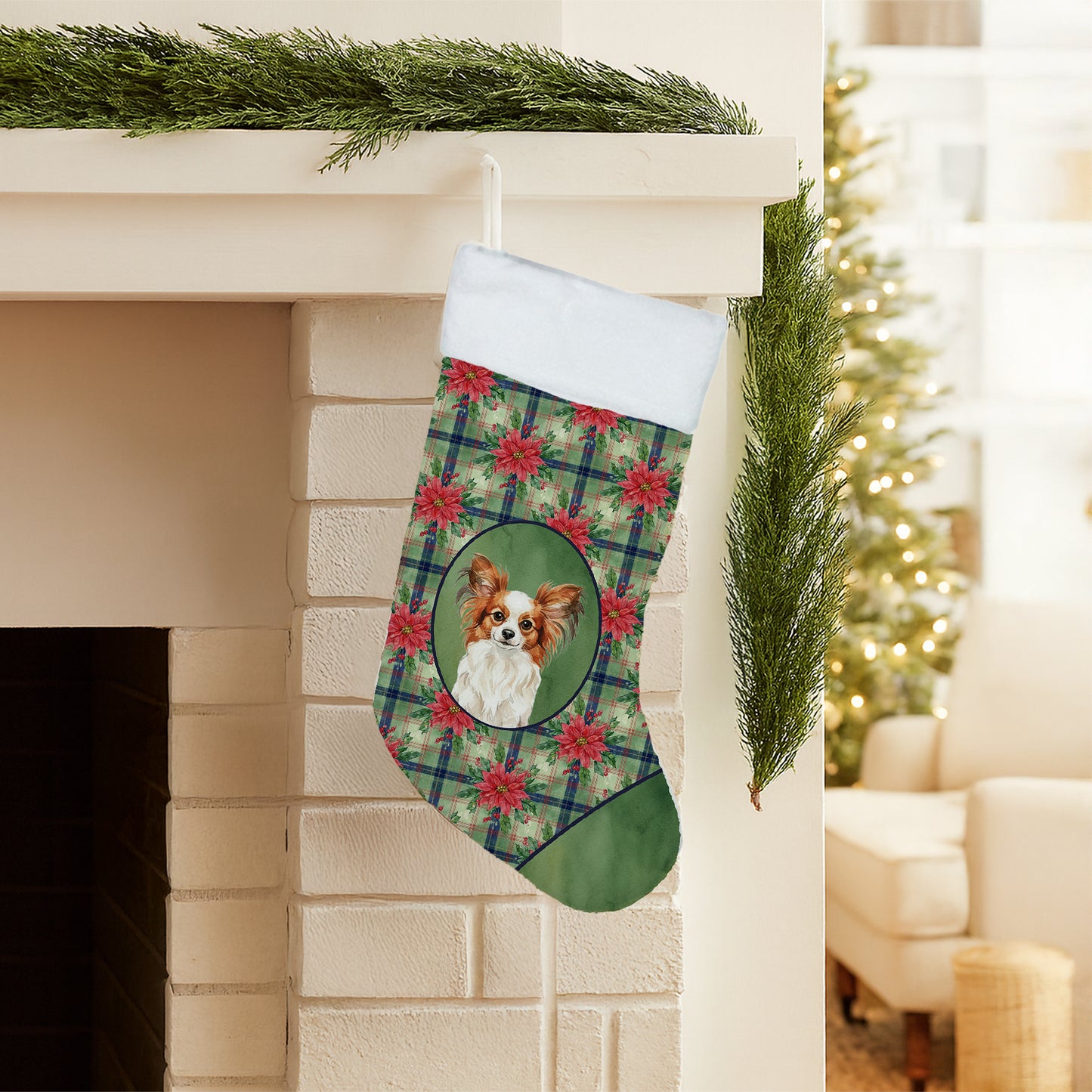 White with Red Papillon Christmas PoinsettIas Holiday Stocking
