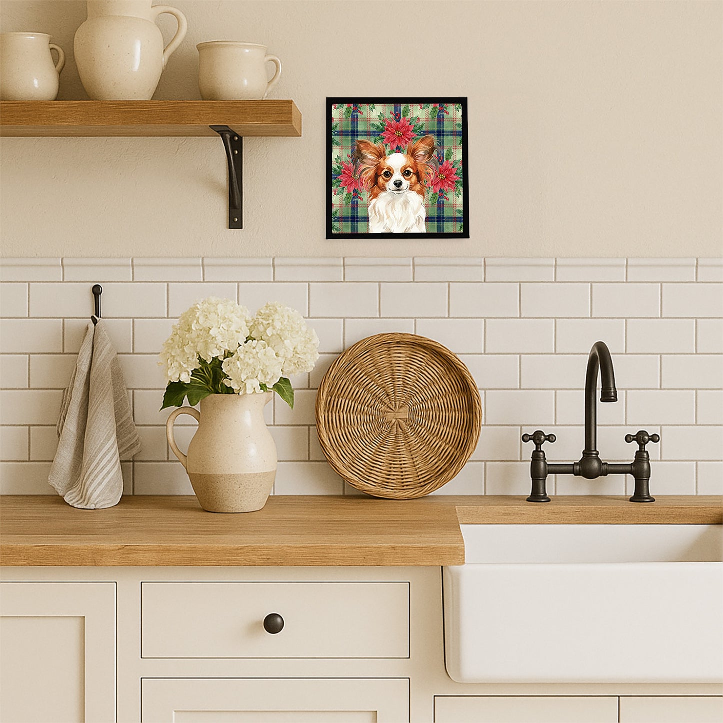 White with Red Papillon Christmas PoinsettIas Framed Metal Print