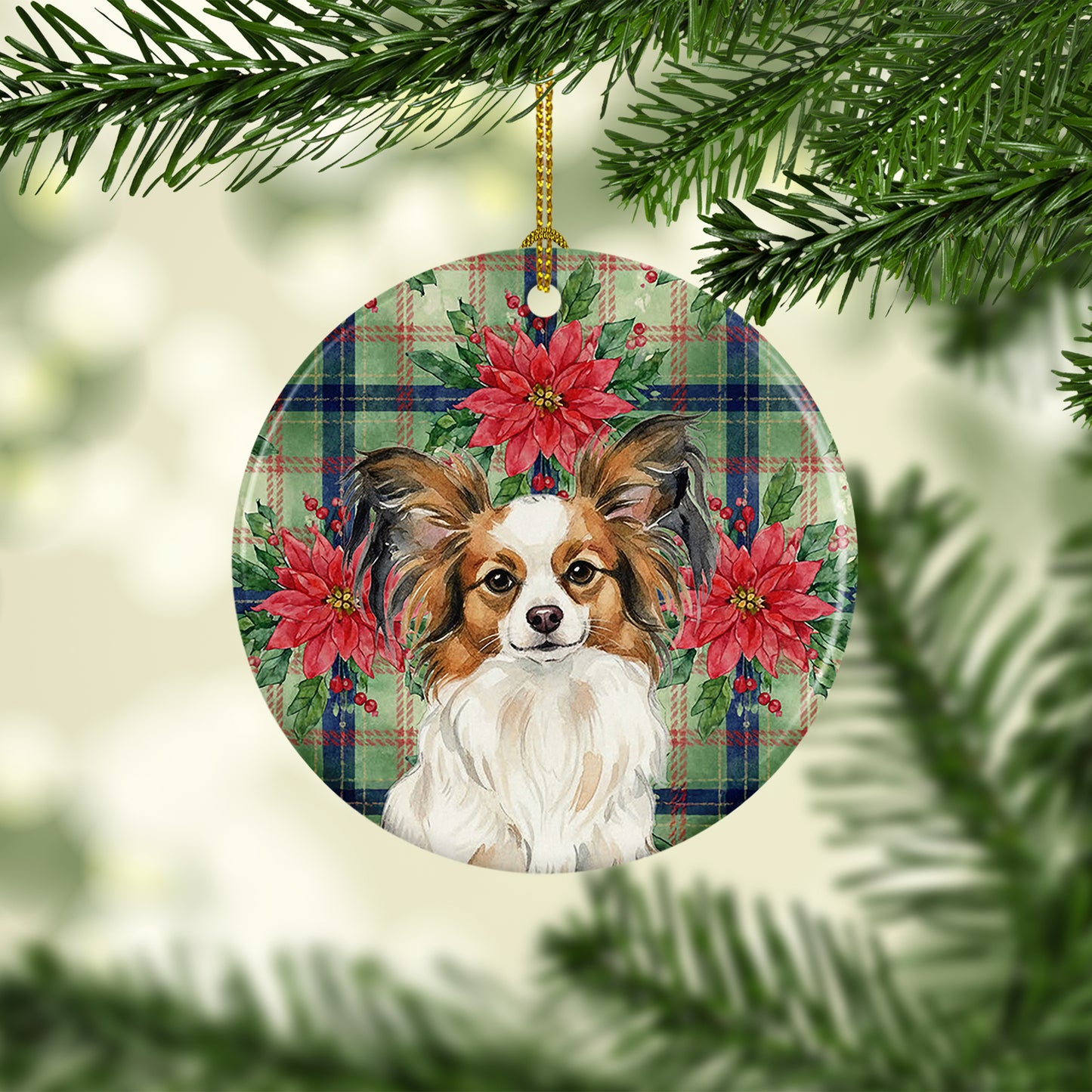 White with Sable Papillon Christmas PoinsettIas Ceramic Ornament