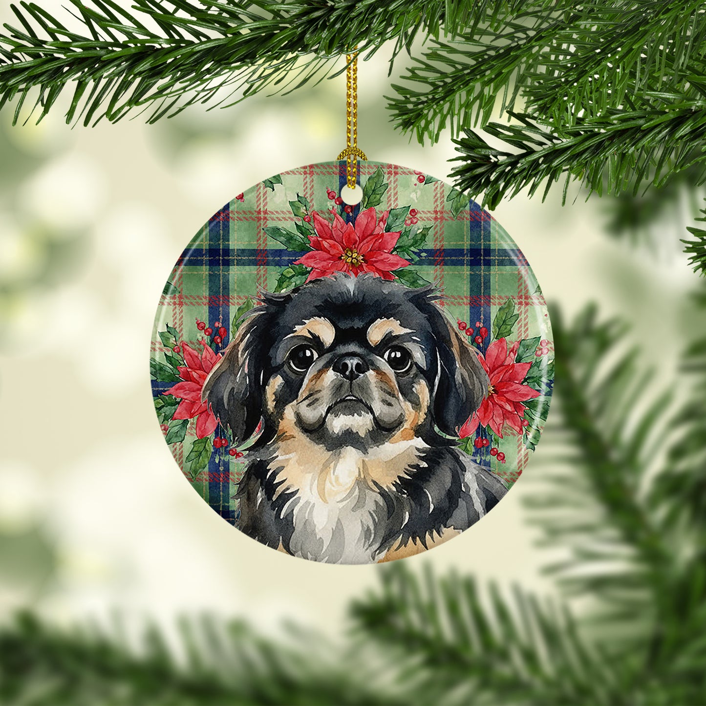 Black and Tan Pekingese Christmas PoinsettIas Ceramic Ornament